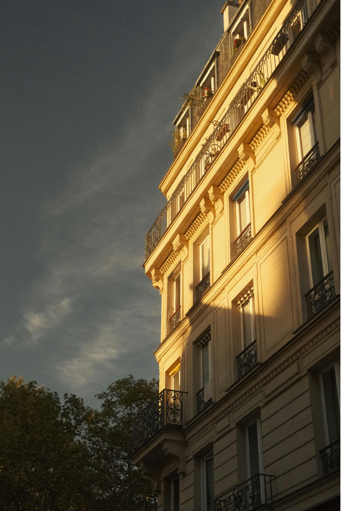 reflet d'un couché de soleil sur une façade d'immeuble hausmanien