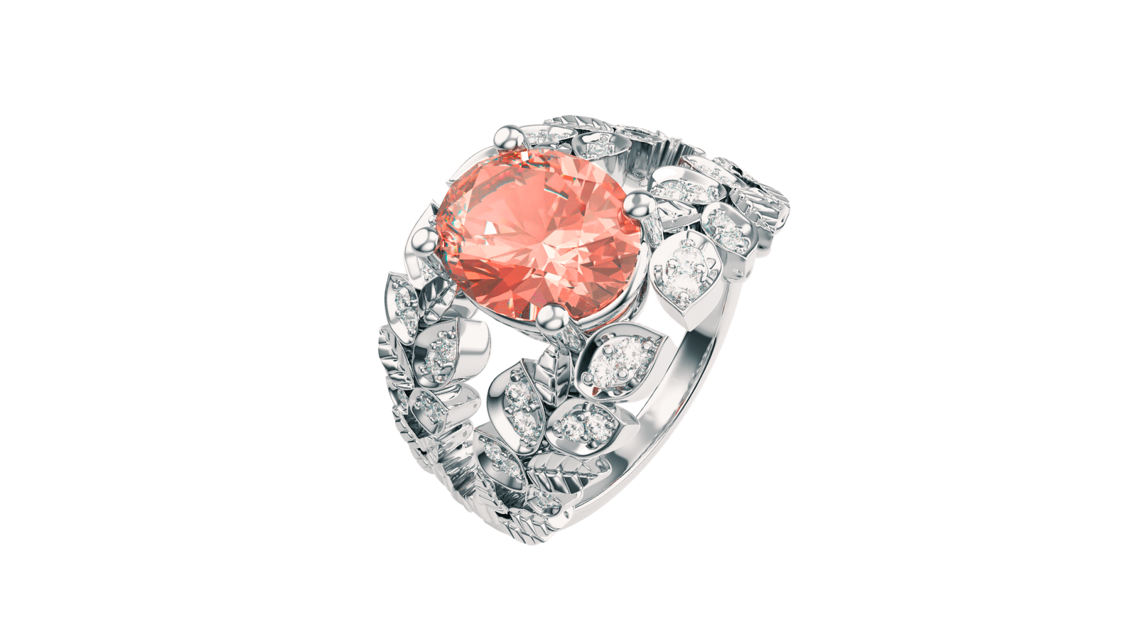Bague en argent avec un gros pierre orange centrale et des feuilles en argent ornées de petits diamants.