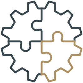 A graphic illustration of interconnected gears, with three in dark blue and one in beige, symbolizing system mechanics or teamwork.
