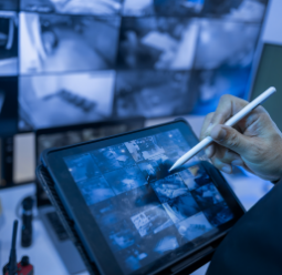 A person using a stylus on a digital tablet in a security monitoring room with multiple surveillance screens in the background.