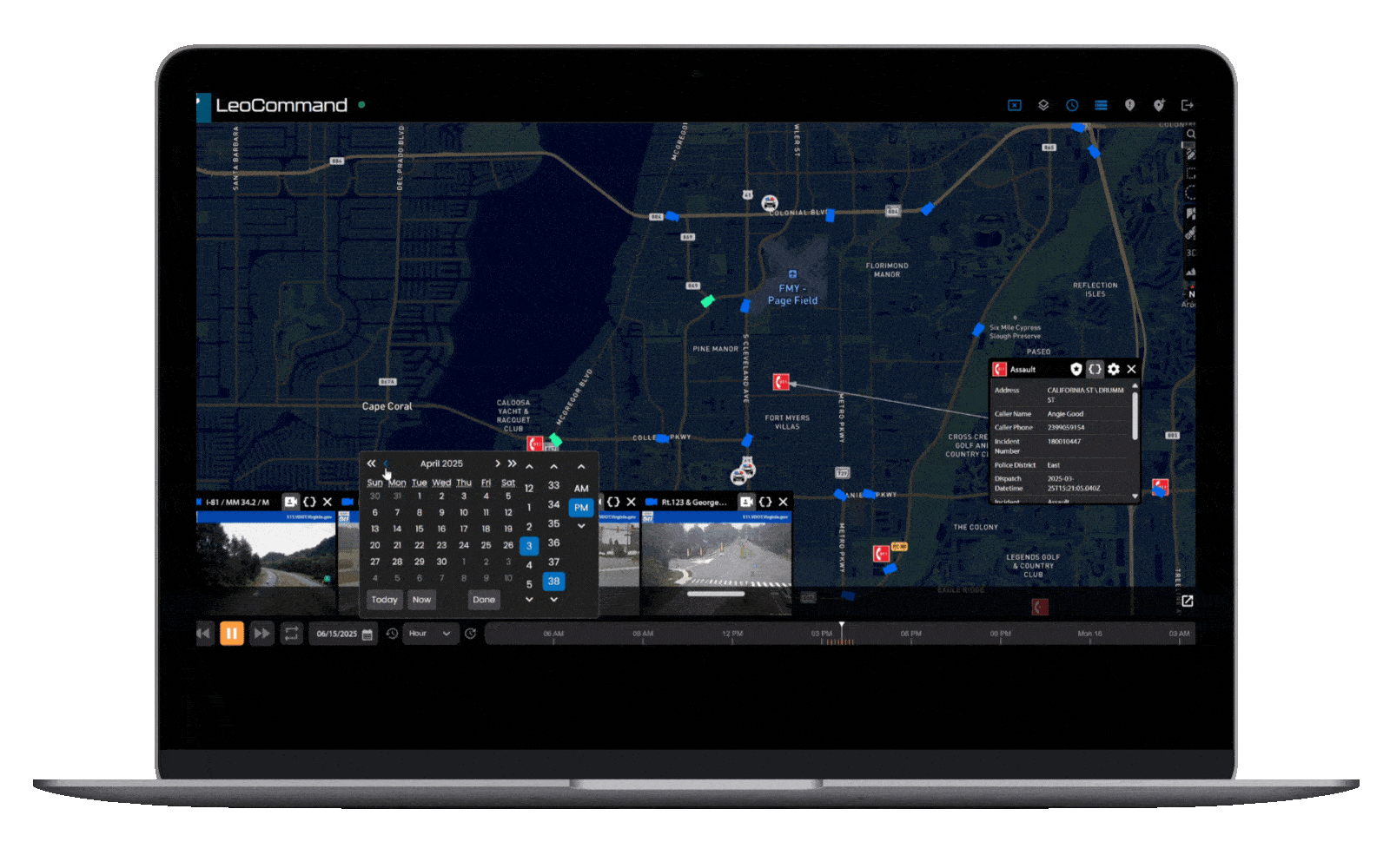 Laptop displaying a digital map with various icons, a calendar, and a timeline, with a red background.