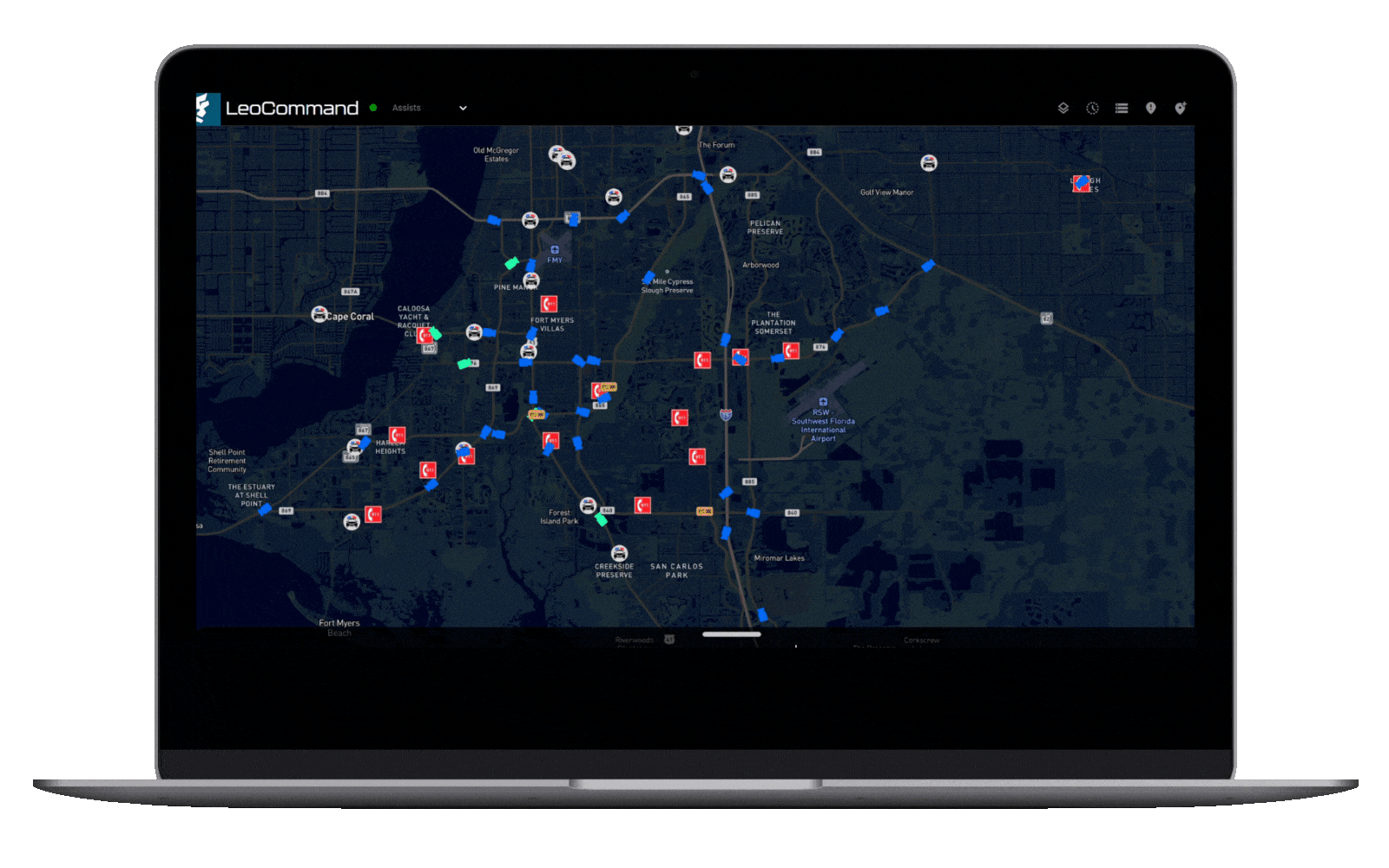Laptop screen displaying a map with various icons representing locations and routes, labeled as 'LeoCommand'.