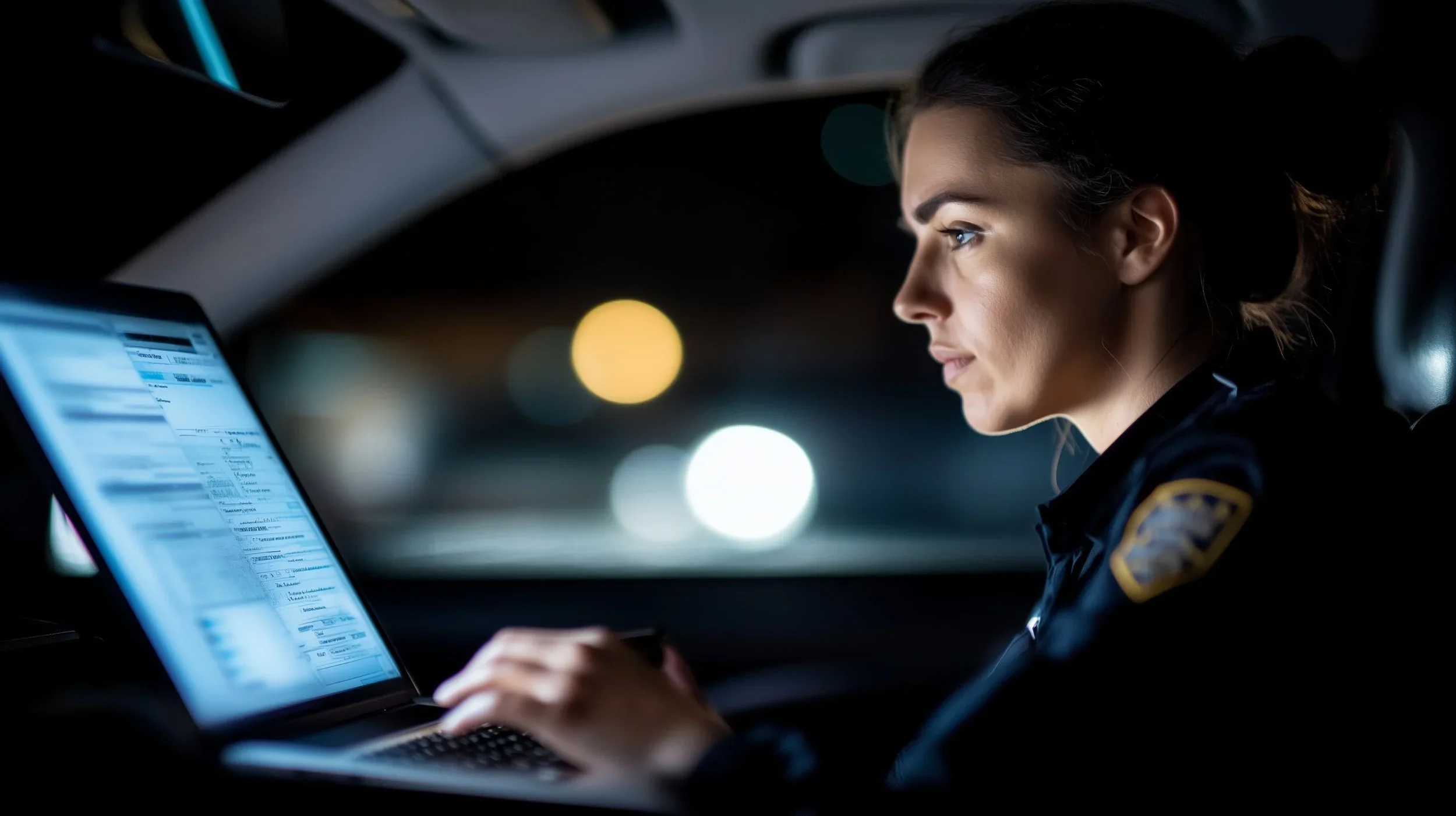 A female police officer sitting in the driver's seat of a car at night, looking at a laptop with illuminated screen.