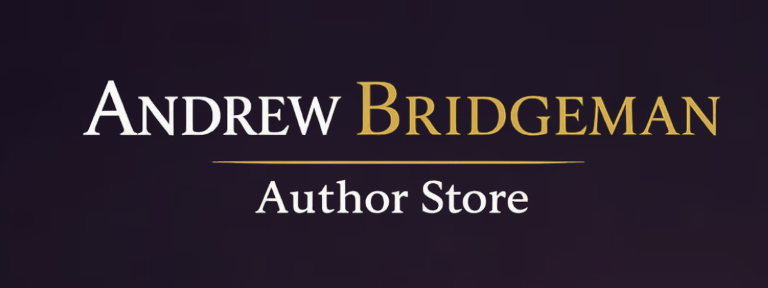Logo for Andrew Bridgeman Author Store with black background, naming agency and store.