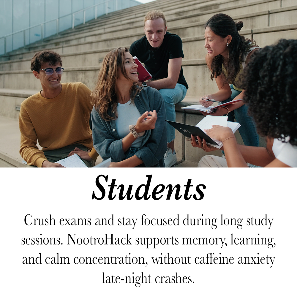 Group of five diverse college students sitting on stadium stairs, engaging and smiling during a study session with notebooks and a laptop, with a text overlay promoting a study supplement called NootroHack.