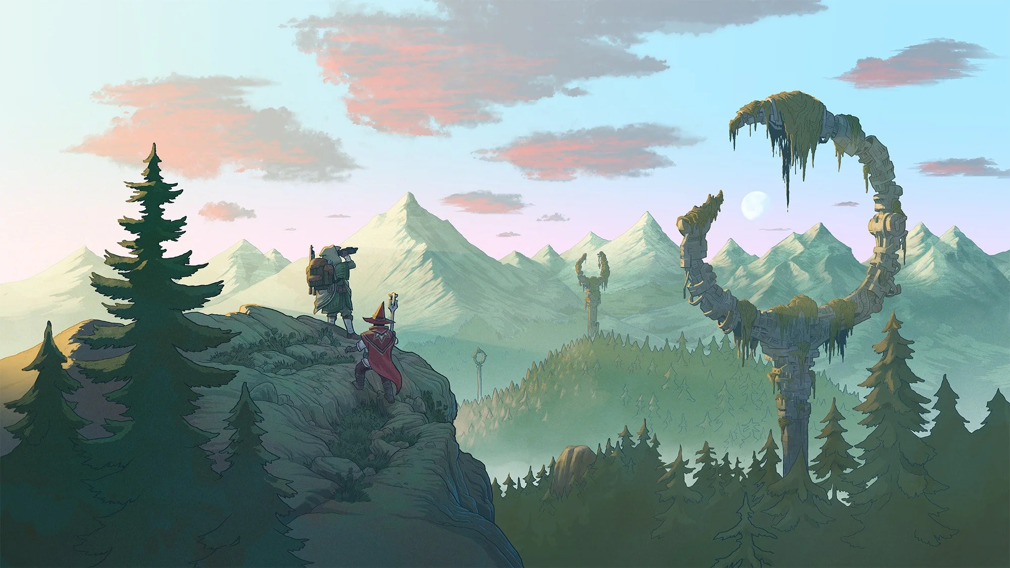 Adventurers stand on the edge of a forested cliff gazing out at tall, round, stone structures rising above the forested valley.