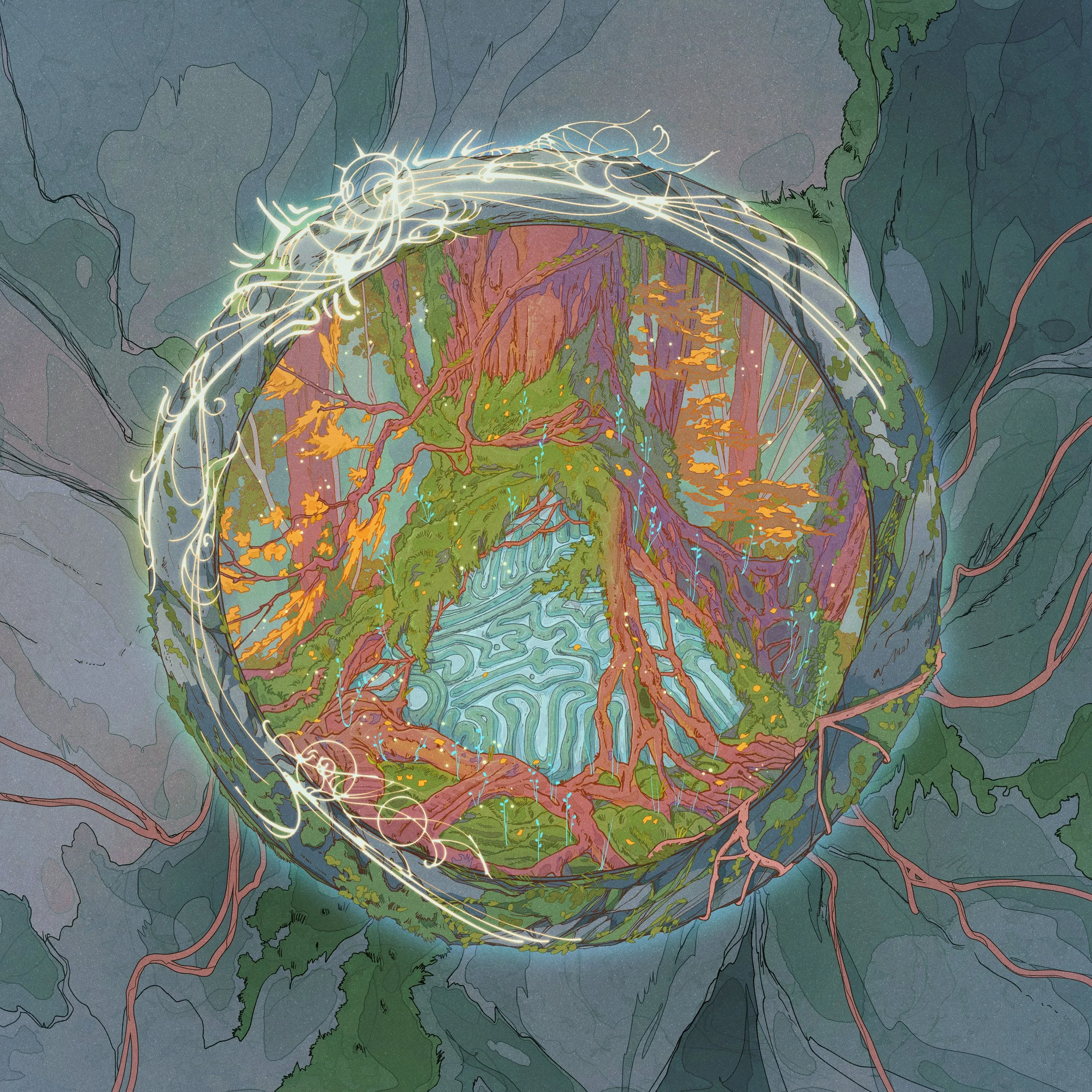 Through a portal of glowing threads, a FANTASY world is visible. A tree grows over a ruined fragment of ancient technology.