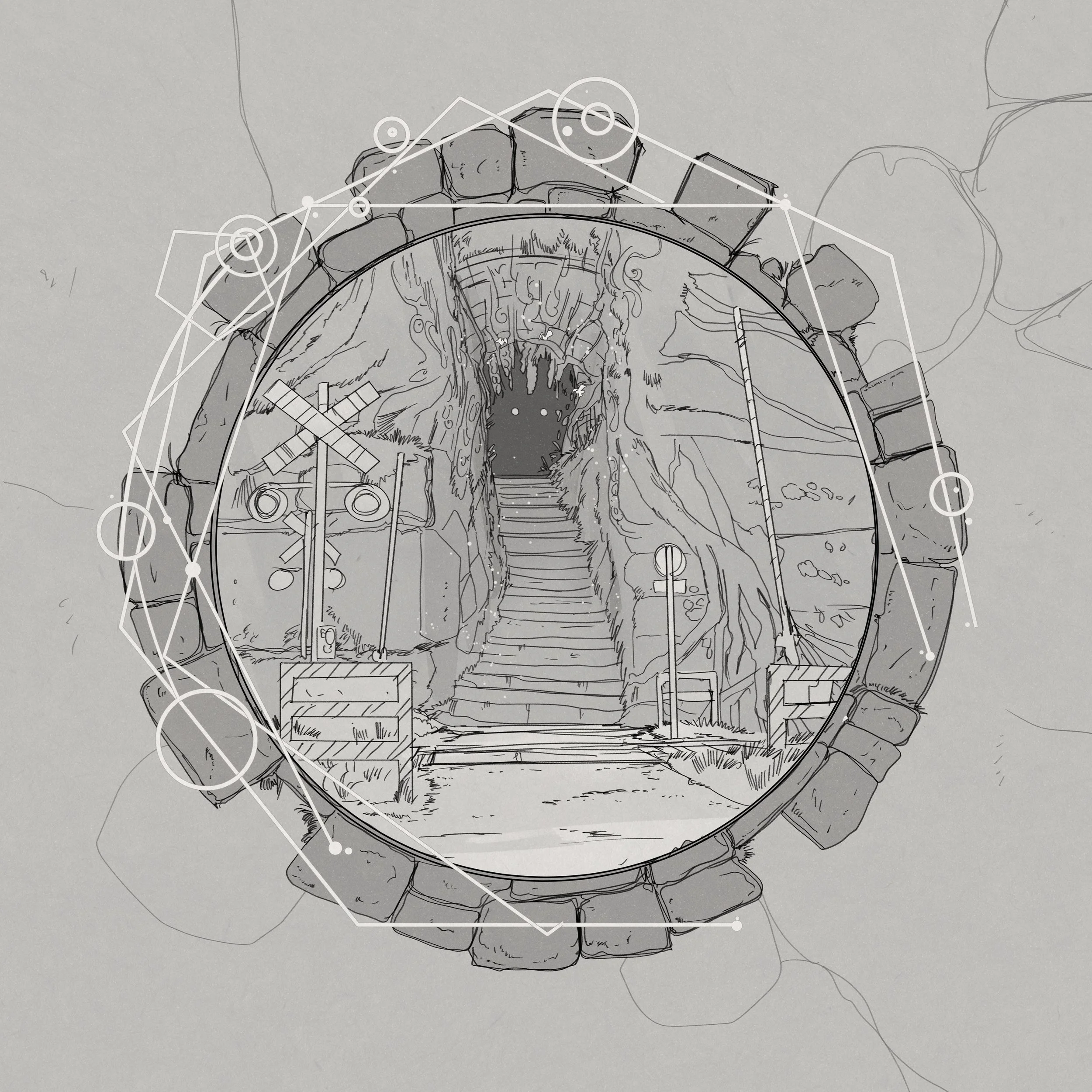 Black and white concept art: A circle made up of bricks and round runes frames an image of an overgrown cave with two bright white eyes staring from the dark. In front of the cave is a modern railroad crossing.