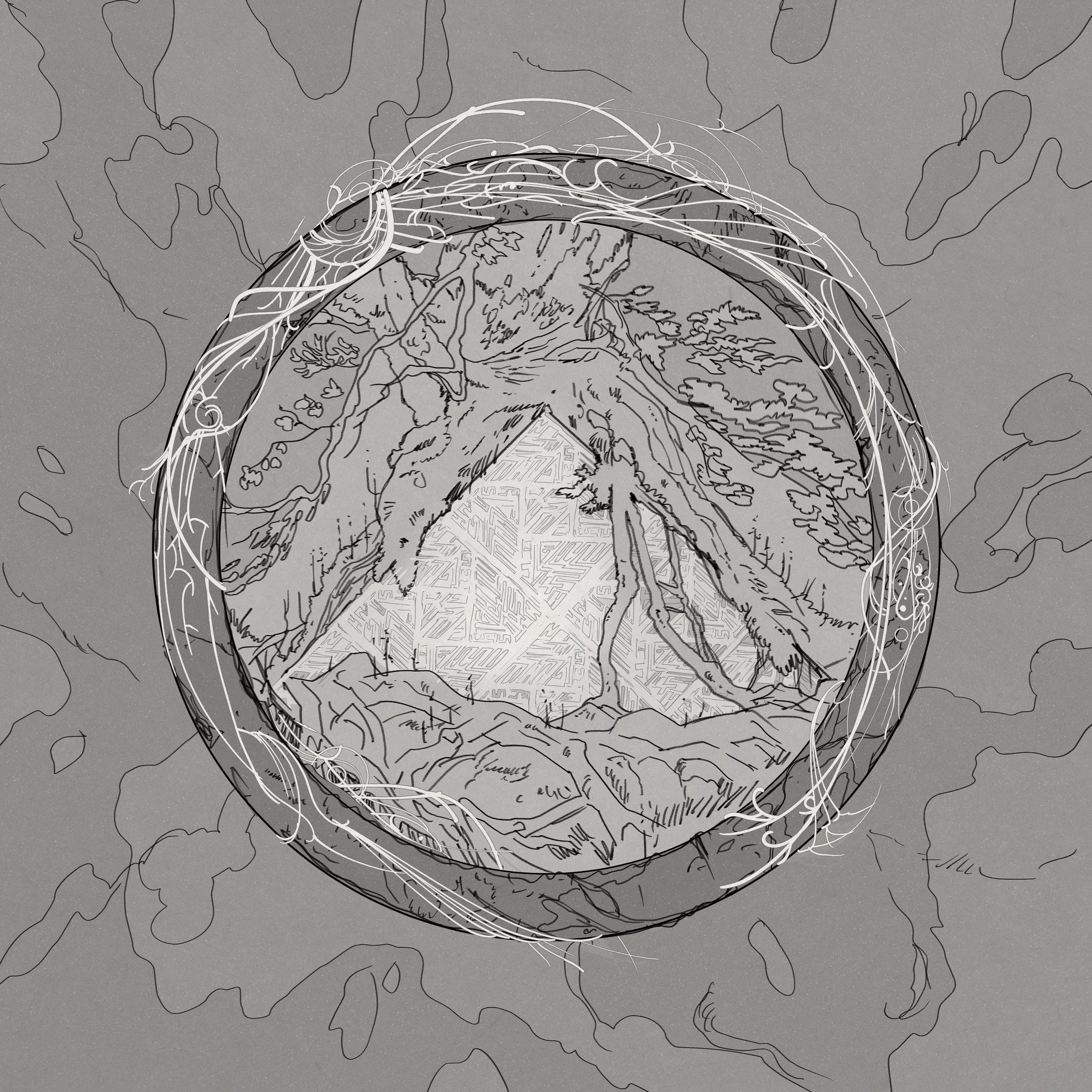 Black and white concept art: a circle covered in runes and overgrown plants frames an image of a small pyramid surrounded by the roots of an overgrown tree