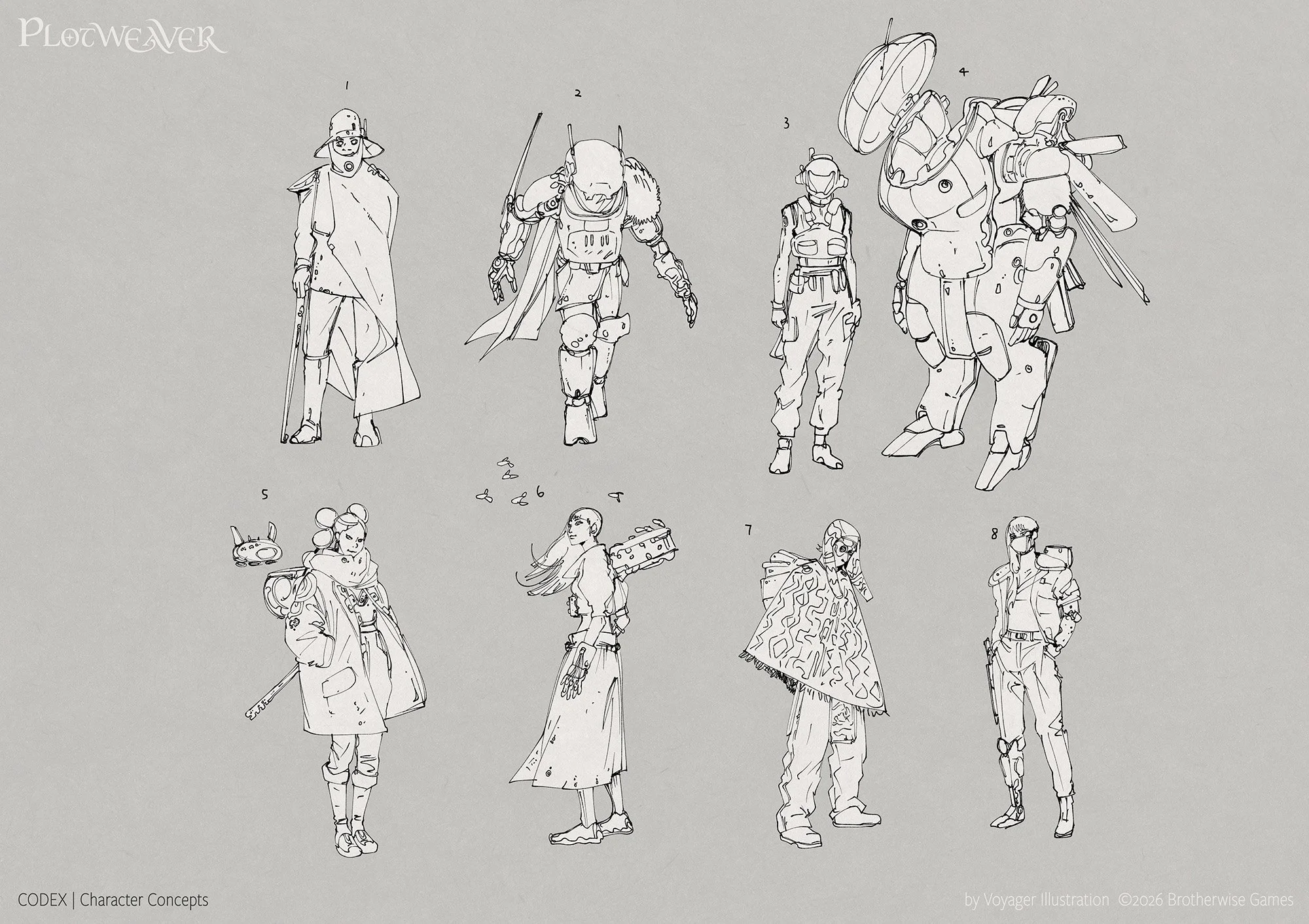Concept art for the different humanoid ancestries, black and white sketched on a grey background. The art include humans with mechanical accessories, suites, companions, and armor