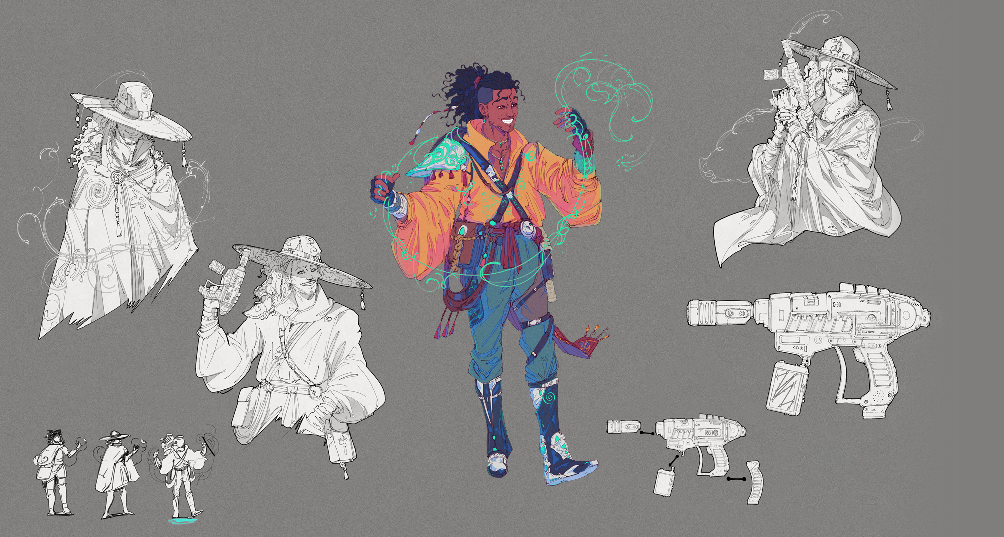 Concept art  of the player classes and potential weapons for the Plotweaver RPG