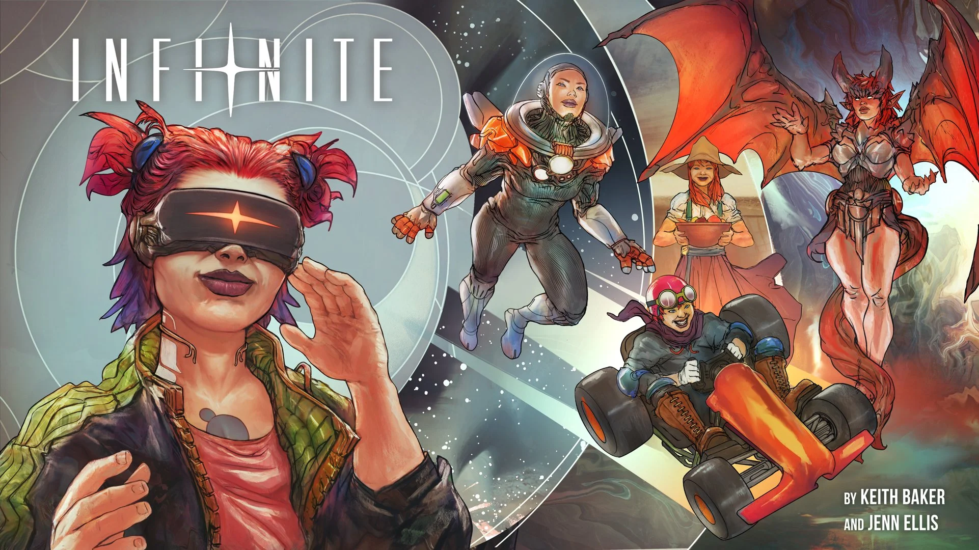 The Infinite preview image shows a sci-fi logo  over a woman wearing futuristic clothes and a VR headset. Beside her, in concentric circles, she appears in different settings: as an astronaut, a kart racer, a farmer, and a winged demon.