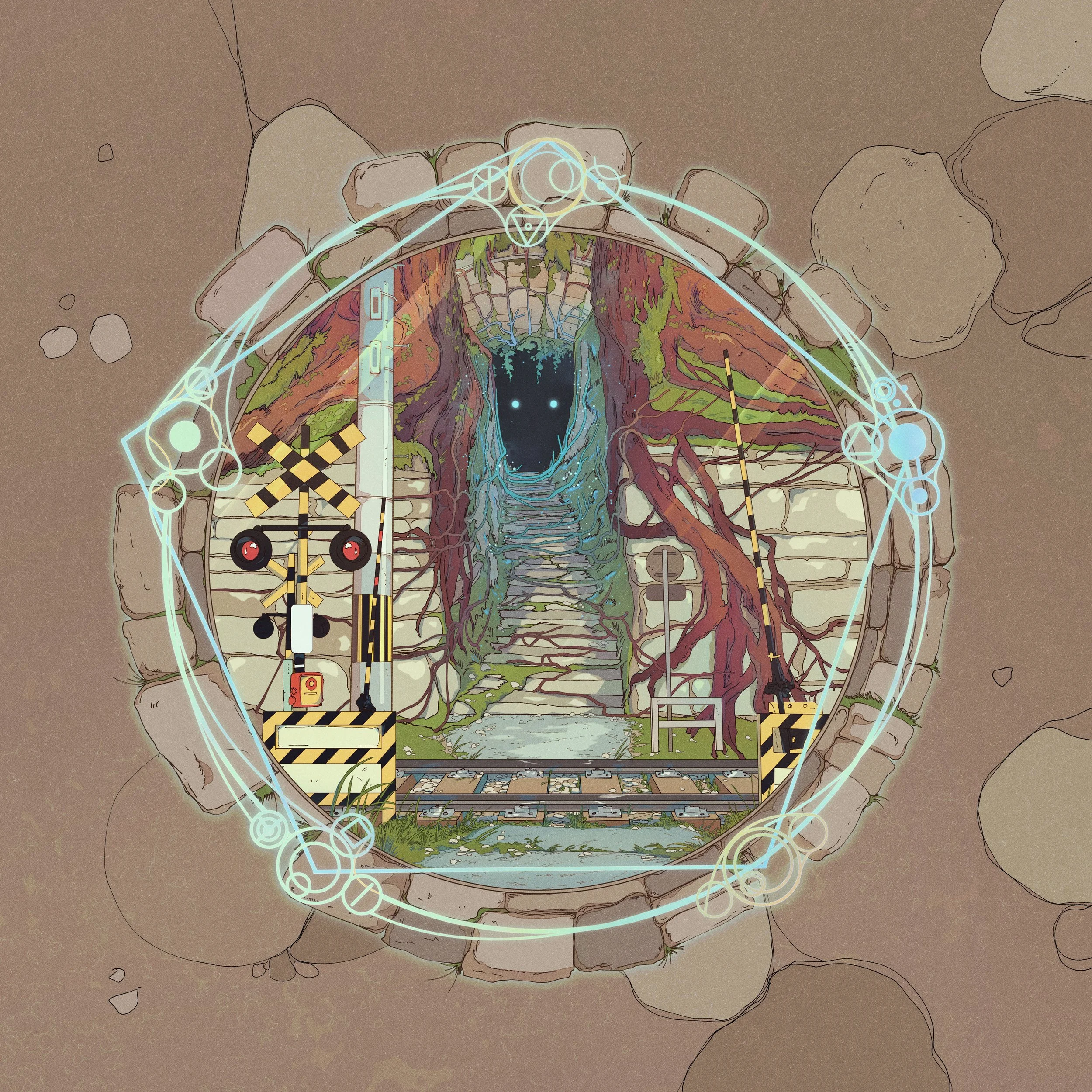 This portal shows a MODERN world with fantastical elements. Train tracks lead to a liminal space inhabited by a mysterious spirit.