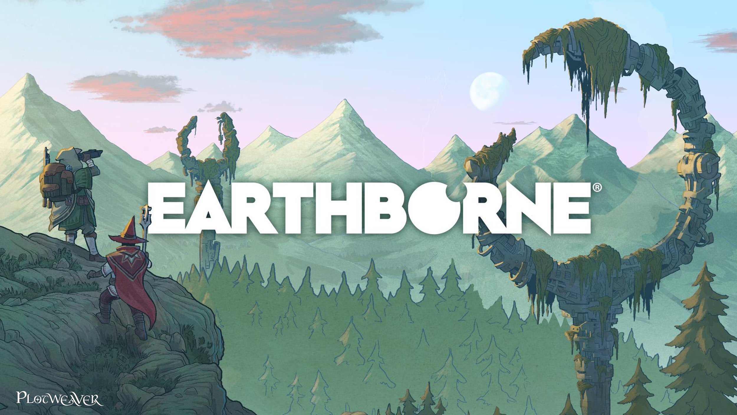 Preview image for the Earthborne RPG, showing two characters looking out over a verdant landscape and the EARTHBORNE logo in the center of the image.