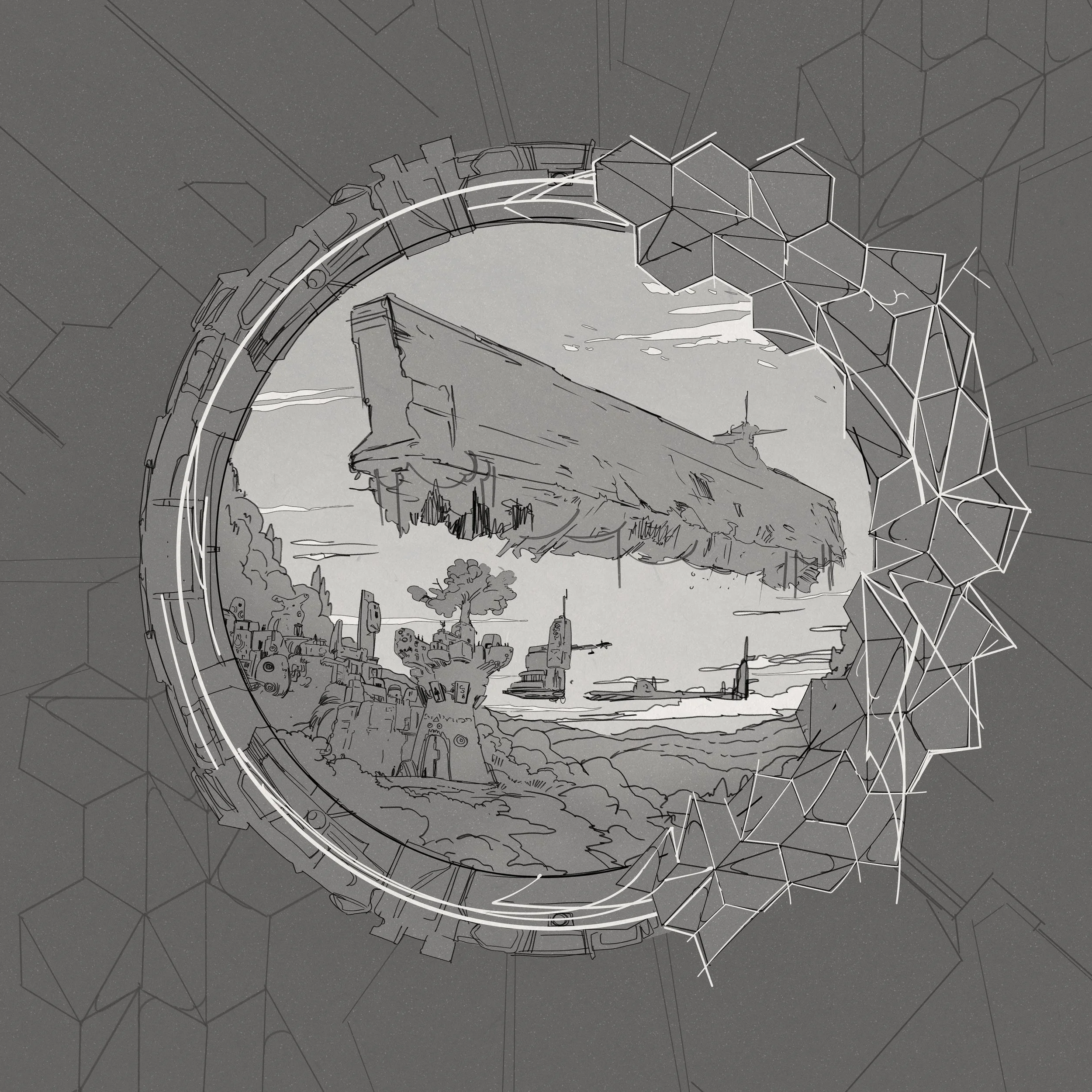 Black and white concept art: A round frame made up of angled shapes and tech frames an image of a long airship floating above a plant covered mountain village