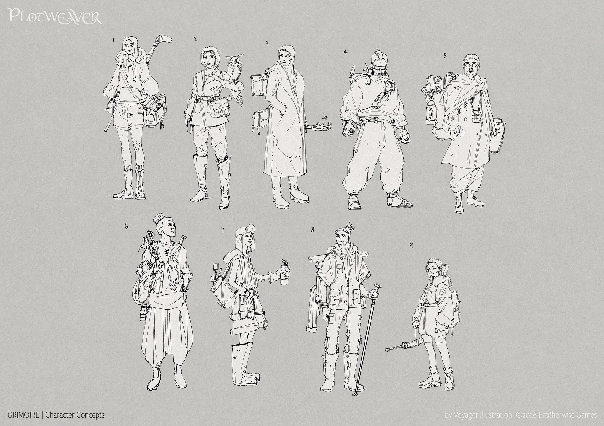 Concept art for the different humanoid ancestries, black and white sketched on a grey background.  They are dressed in loose comfortable clothing, carrying gear and tools of the trafe inluding gardening tools, sporting equipment, and traveling gear.