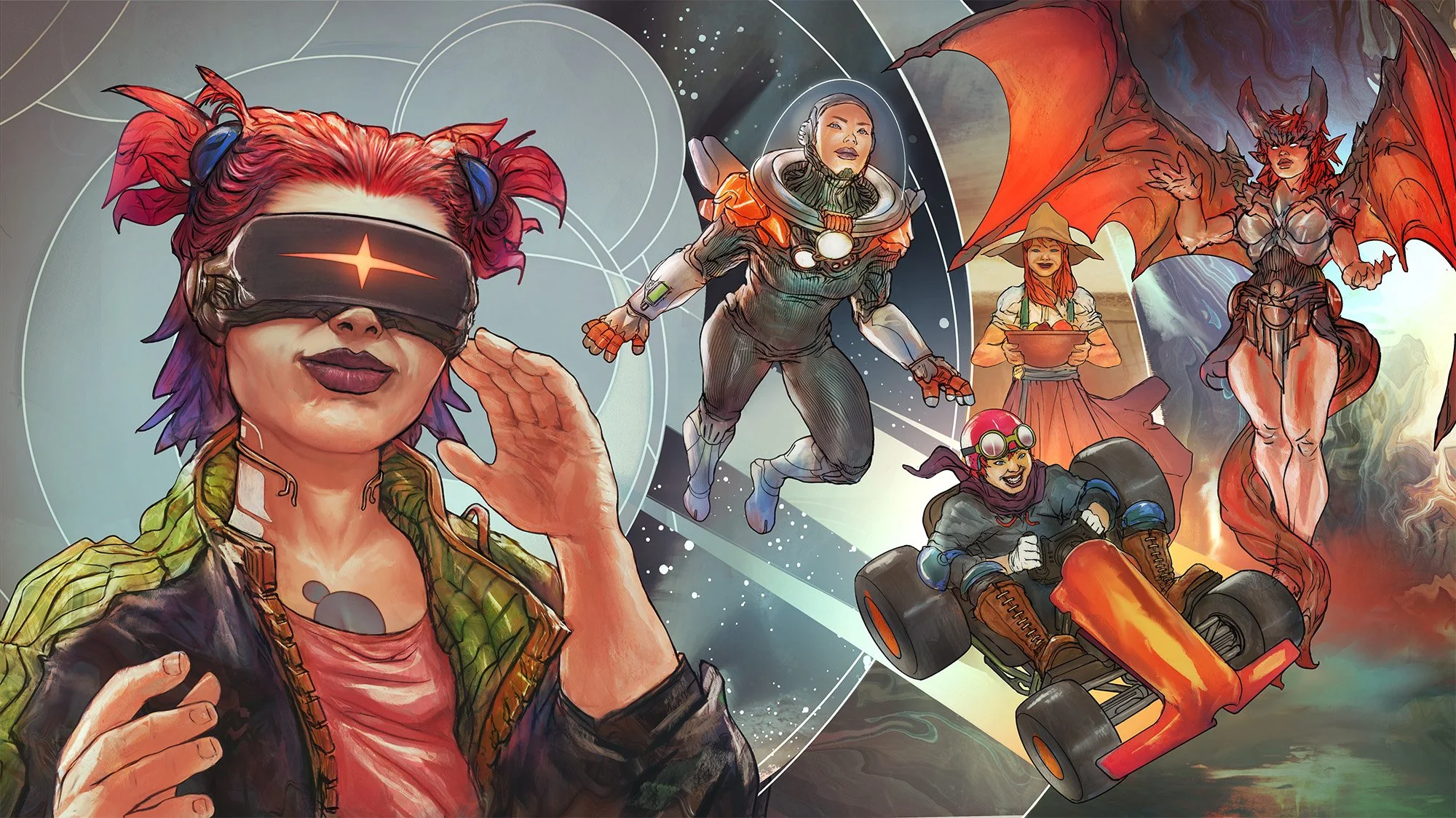 A young woman with pink and purple hair is wearing a virtual reality headset. In the background are different iterations of her as a gaming avatar for different genres of games including racing, sci-fi, farming, and fantasy.