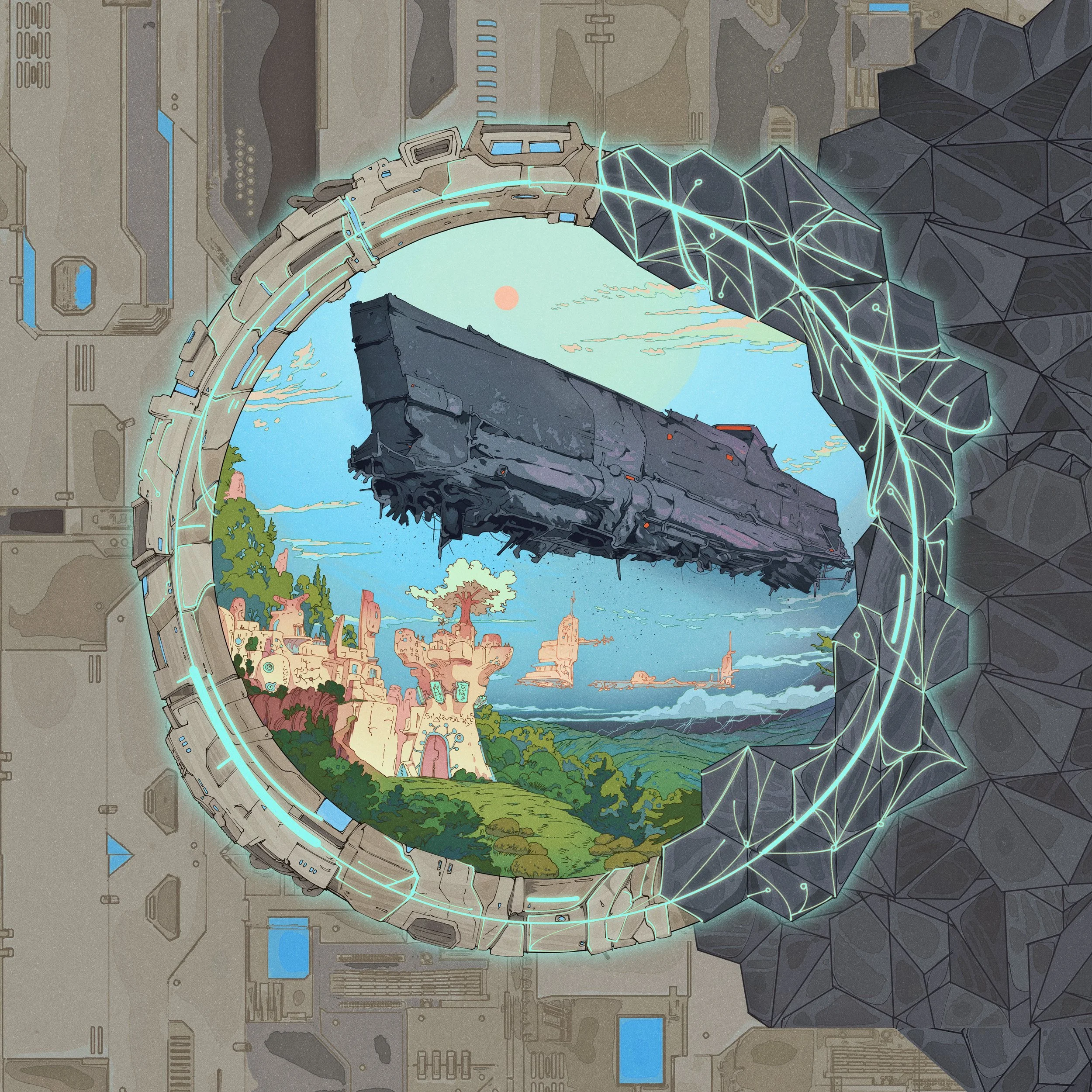 Through a high-tech portal we glimpse a SCI-FI world, where a derelict ship hovers over an alien village.