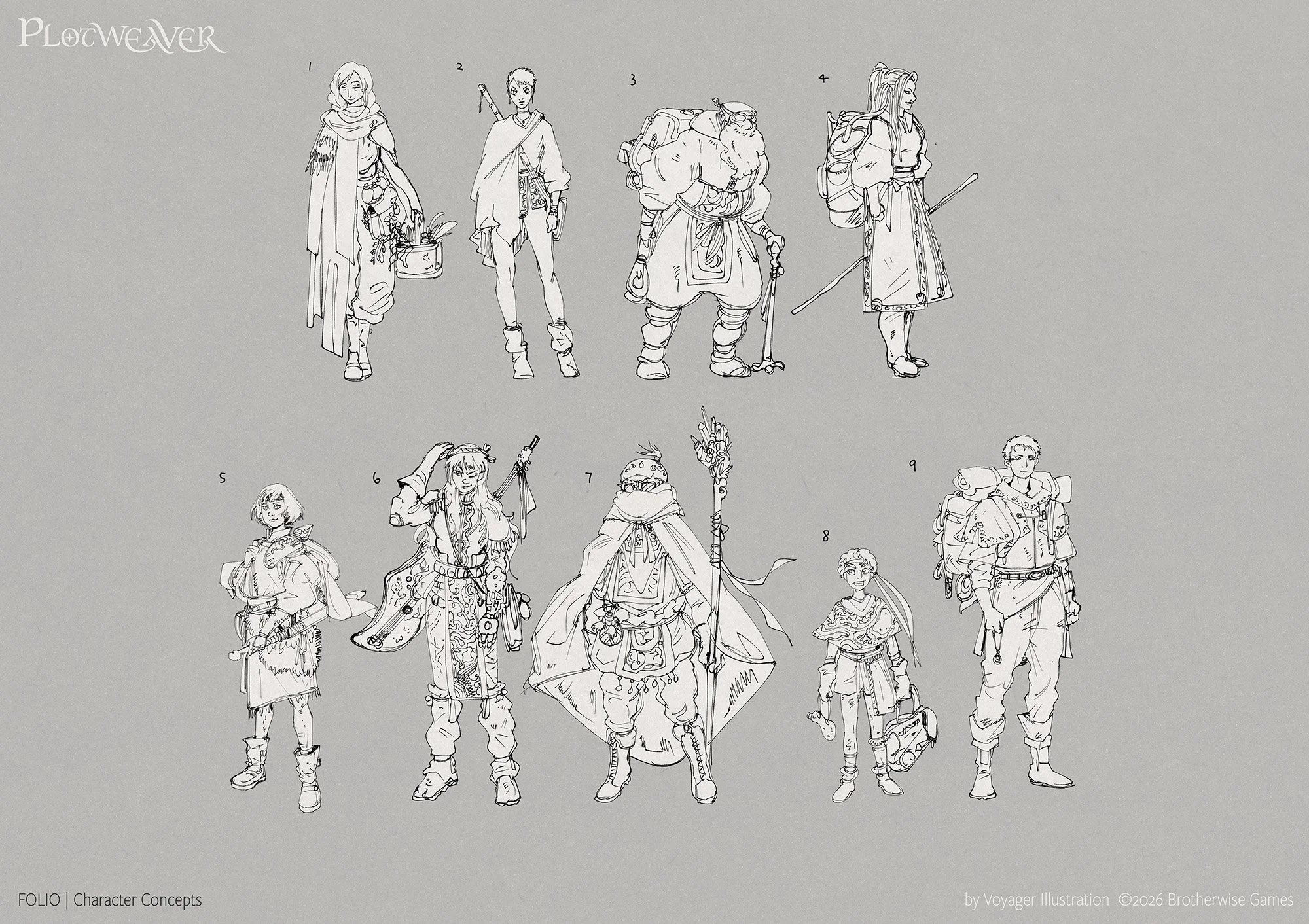 Concept art for the different humanoid ancestries, black and white sketched on a grey background. They arre dressed in many layers and traveling gear