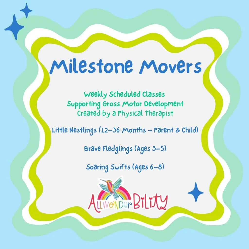 🌟 Introducing Milestone Movers! 🌟

Our weekly classes support your child&rsquo;s gross motor development through engaging, purposeful activities &mdash; created by a physical therapist using proven techniques to help kiddos reach important mileston