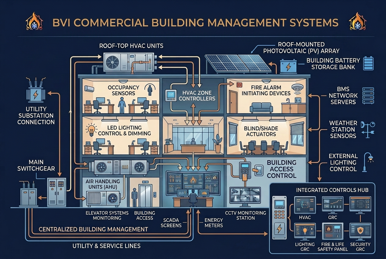 Diagram of BVI commercial building management systems showing various interconnected components like HVAC units, photovoltaic array, building sensors, lighting controls, security, and monitoring systems.