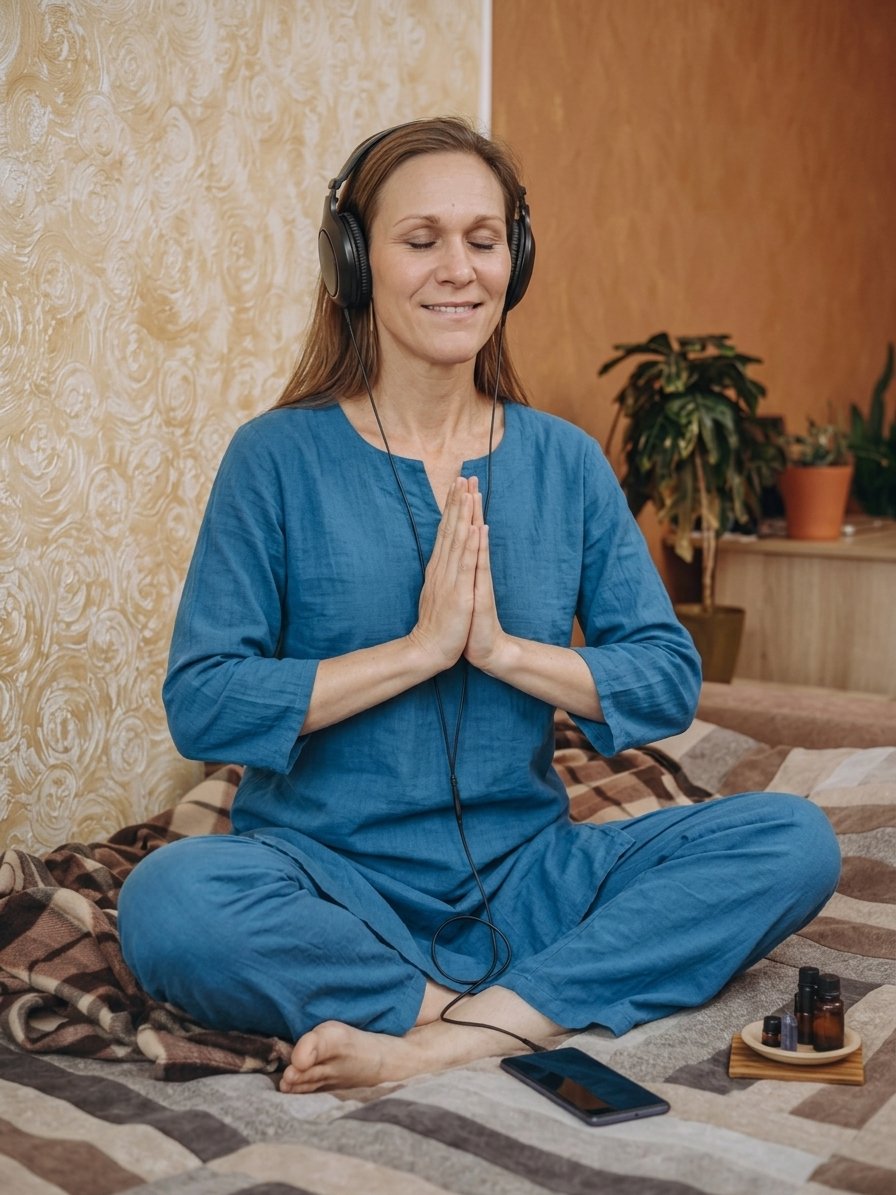 A woman sitting cross-legged on a bed with her hands in a meditative position, wearing headphones and closed eyes.