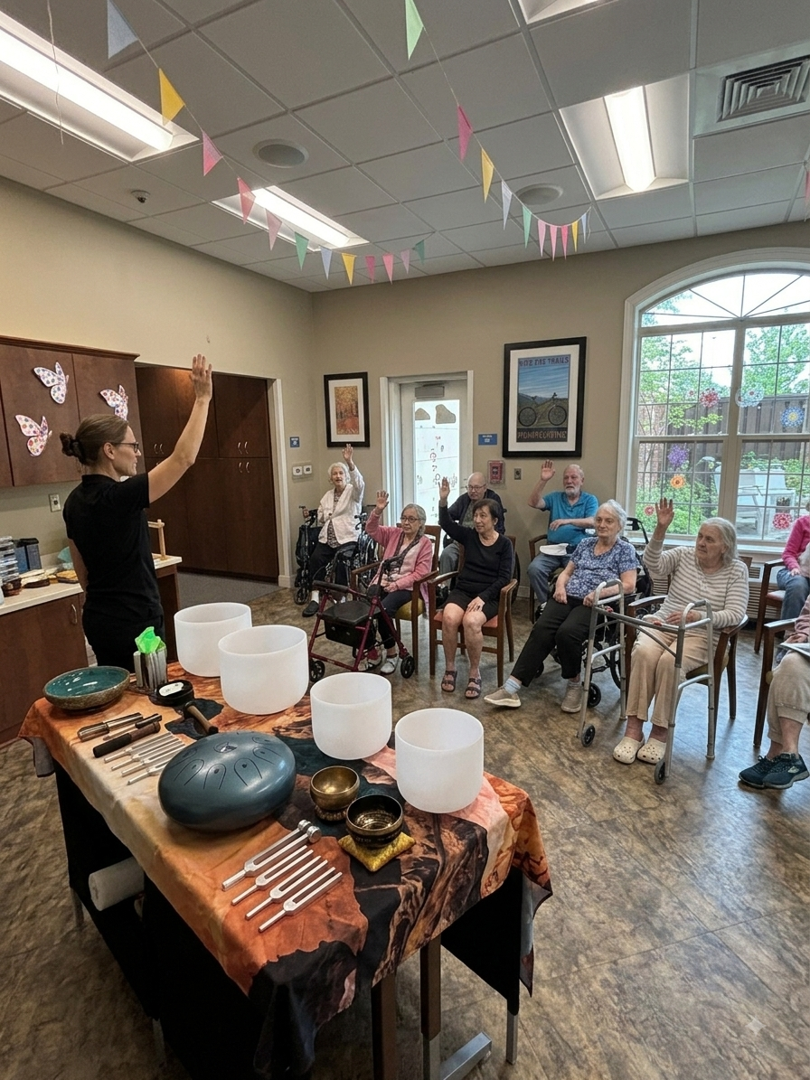A group of elderly people, some in wheelchairs, raising their hands during a music therapy session in a room with colorful decorations, a table with singing bowls and percussion instruments, and a facilitator at the front leading the activity.
