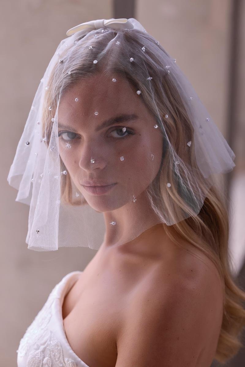 A woman with blonde hair wearing a sheer veil decorated with small rhinestones, and a white strapless wedding dress.