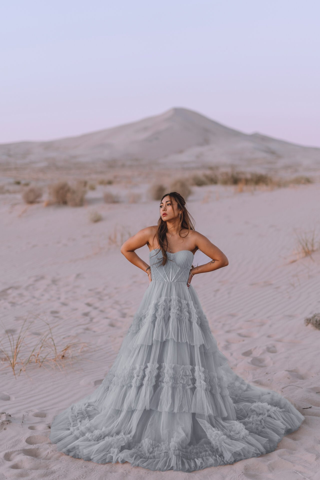 A woman in a strapless, layered, tulle grey gown standing in a desert landscape with sand dunes and sparse vegetation, with a mountain in the background during twilight.