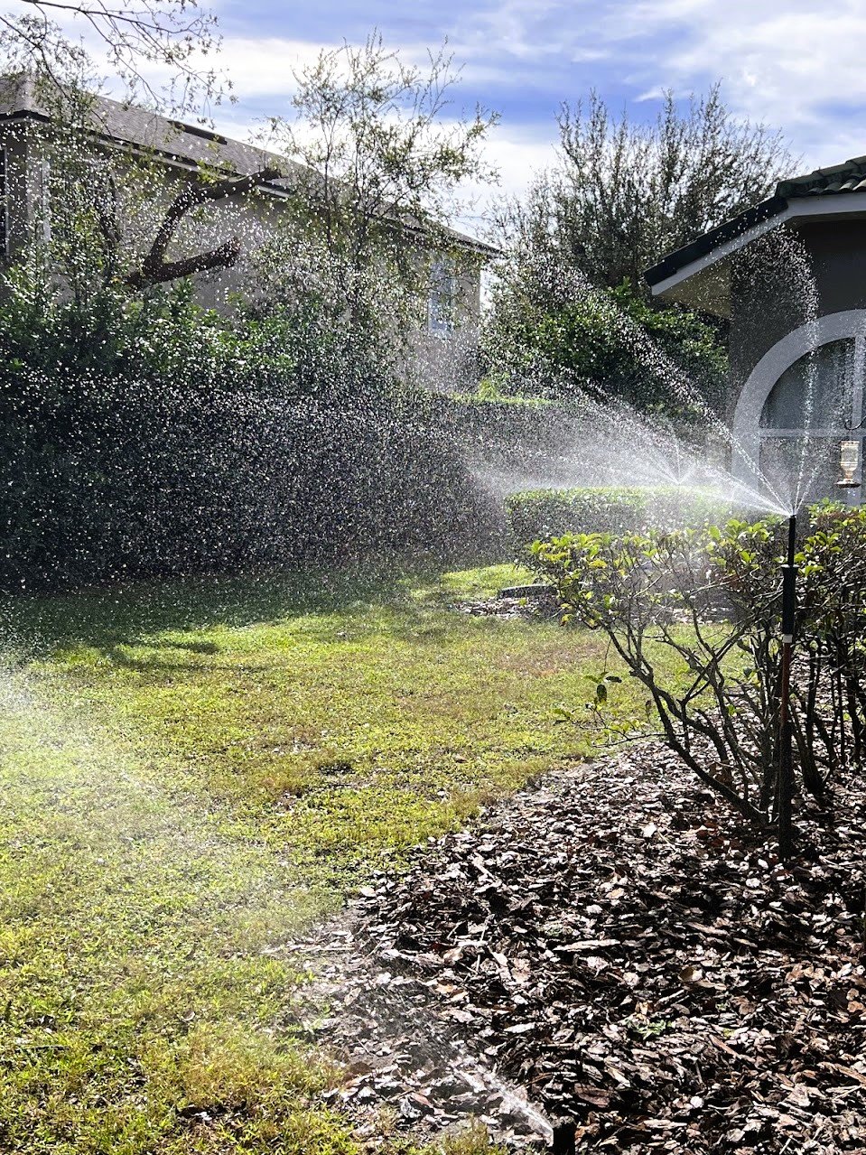 A sprinkler watering a grassy lawn in a backyard with trees, bushes, and a house in the background, under a partly cloudy sky.