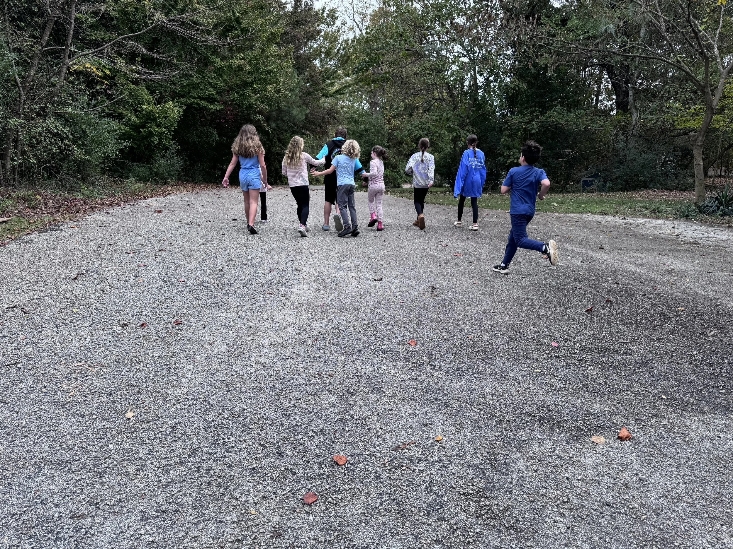 A group of children walking and running along a gravel path in a wooded area.