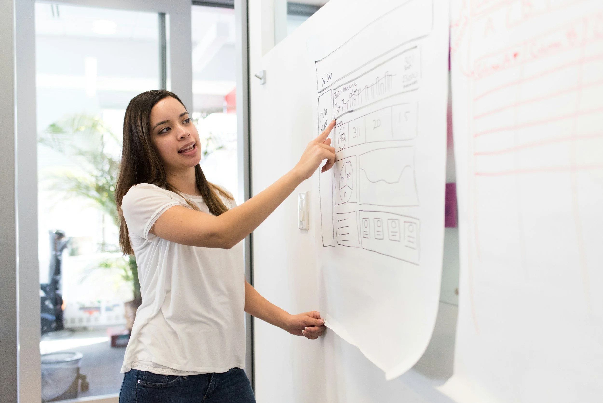 Young woman presenting a whiteboard with sketches and notes.