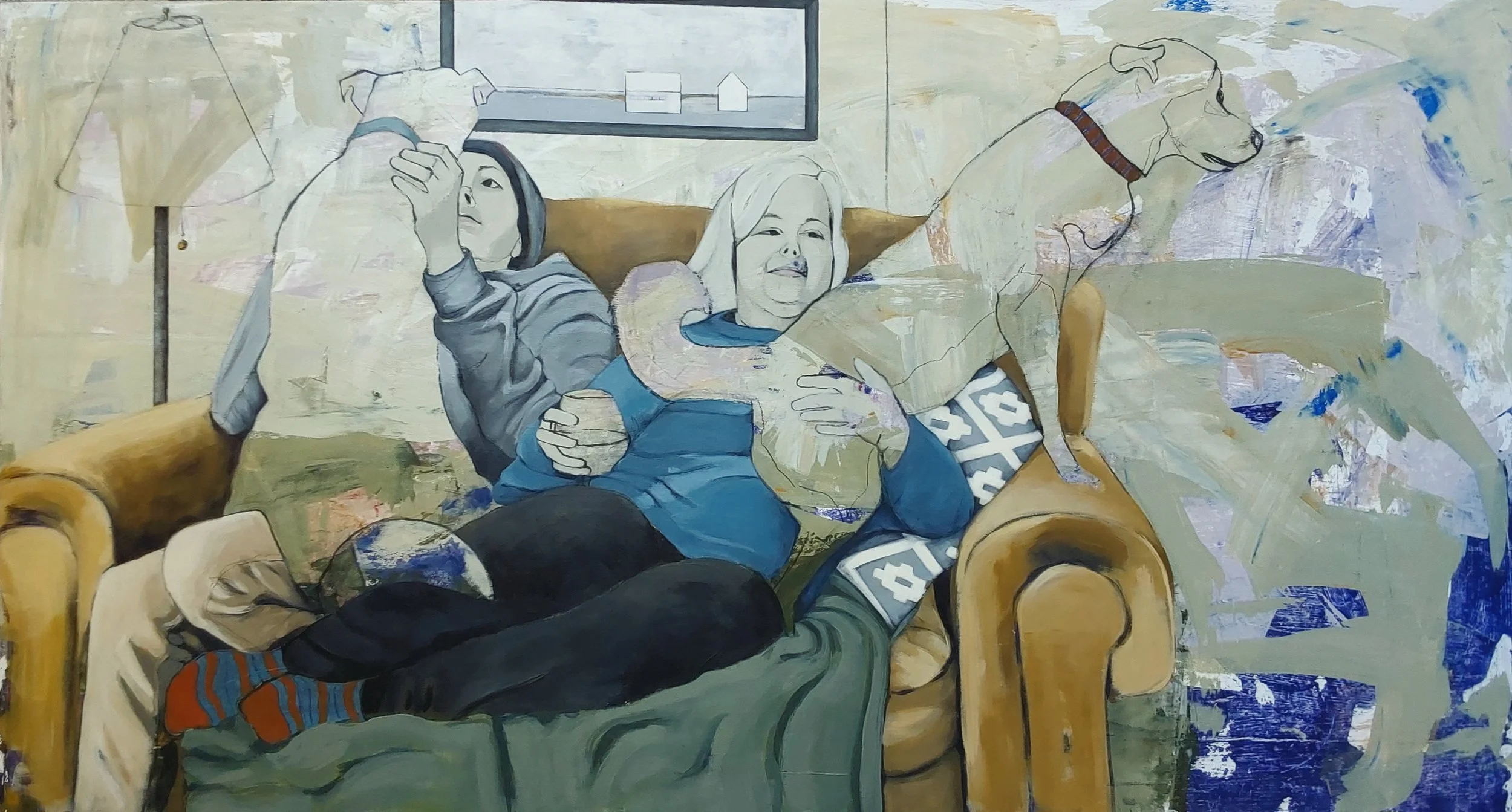 Loveseat, Mixed Media on cradled panel, 36"X67", 2025
I wanted to capture everyday life in this painting. Using a muted palette suggests this is an ordinary day after a long stretch at work. The family crammed together on the loveseat...its all about