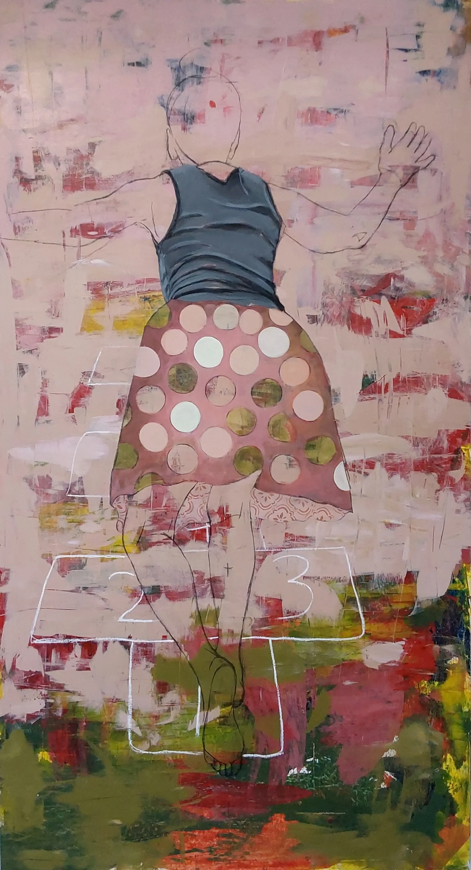 It's Just a Game
Mixed media on cradled panel
67" X 36"
2025
The small pebble is thrown, in play, and she is poised and ready to leap and/or fall into the next move. Let the games begin again and again...