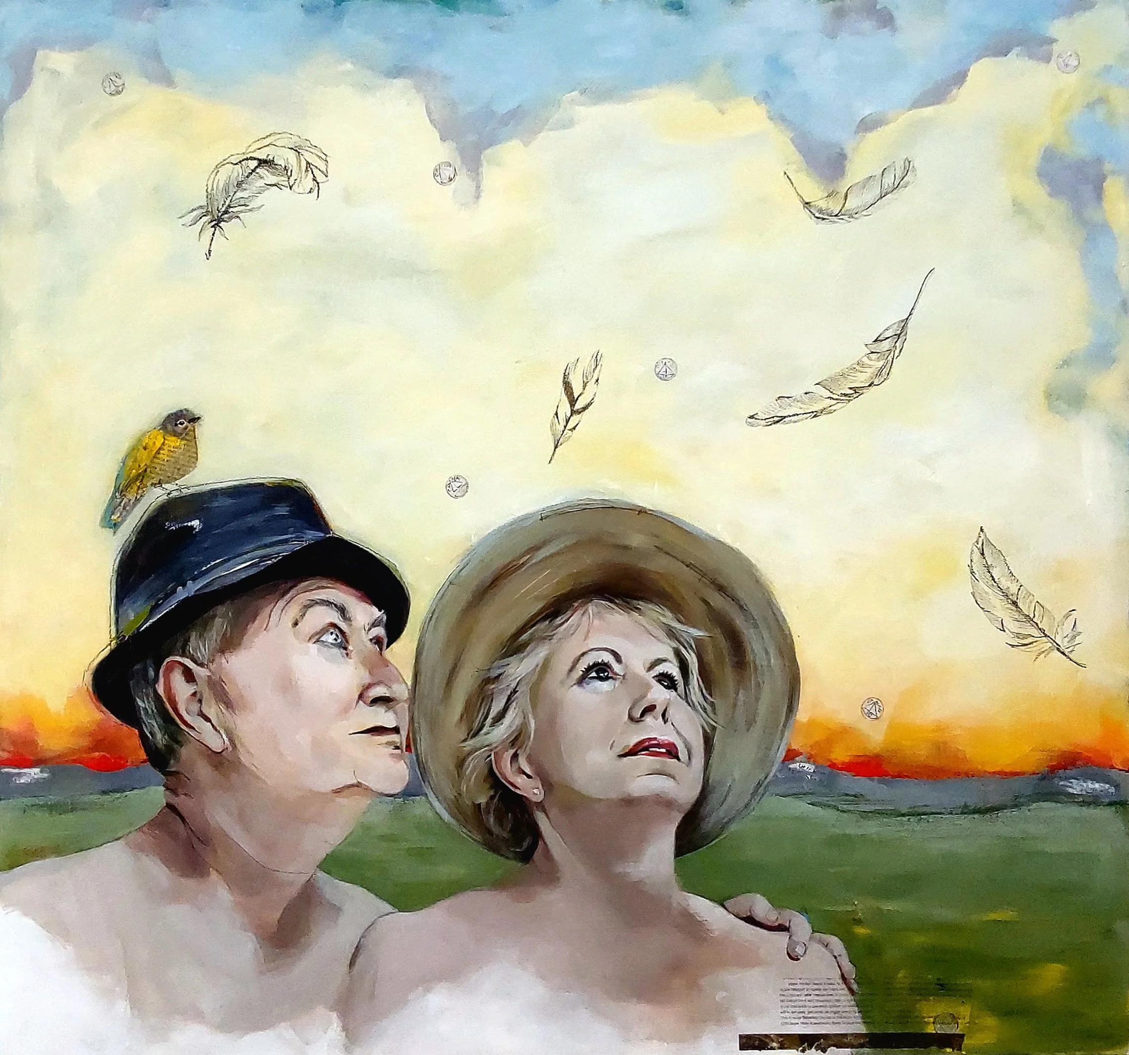 There's been a death in the family
Mixed media on cradled panel
34” X 32”
2024
I was sitting in my backyard looking up at the sky thinking about the idea of the dead sending signs to us as a form of remembrance and comfort. Later that same day, whe
