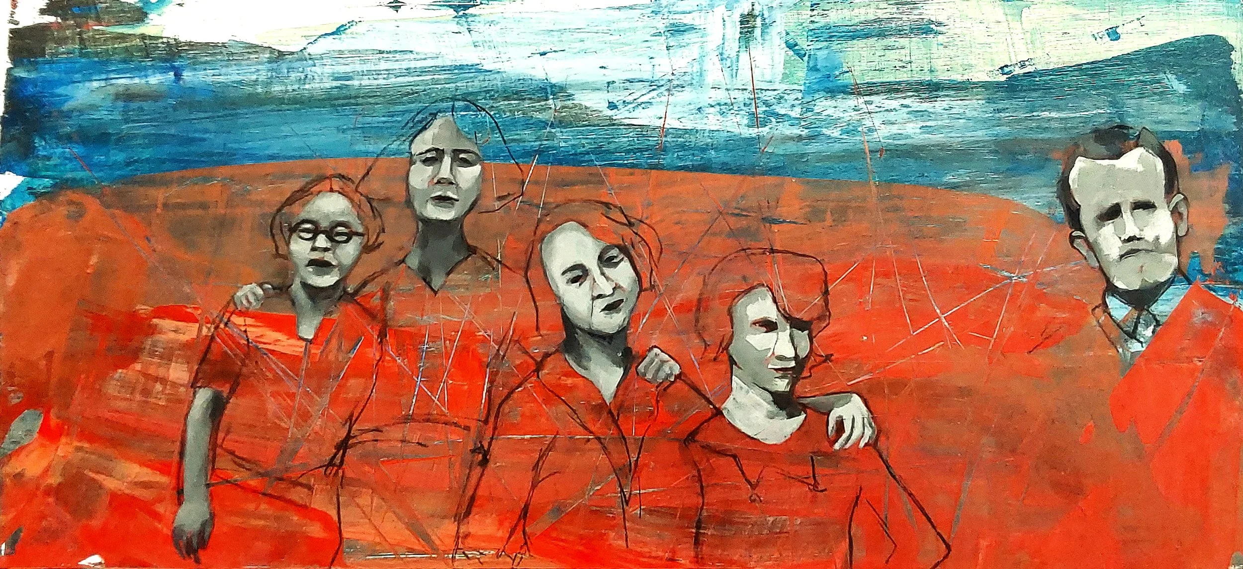 We are Family
Mixed media on cradled panel
14"X31"
2025
In this painting there are several layers of meaning. There is the feeling of being different from the group, feeling isolated. Then there is the comradery and support in the group of chosen sis