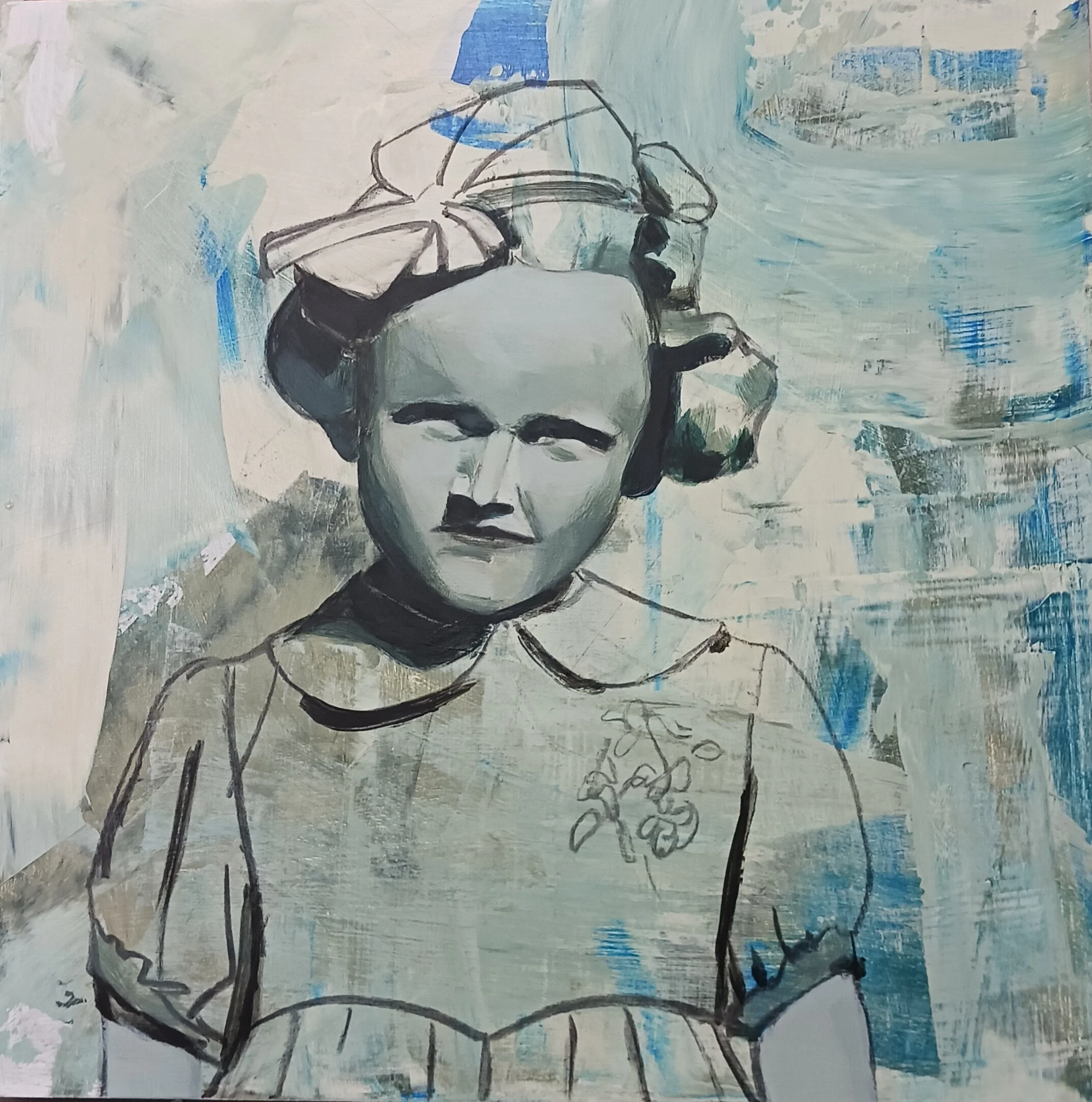 Left but not forgotten
Acrylic on cradled panel
14” X 14”
2025
This small painting packs a big punch. A generational loop of literally being left, my mom as a young girl abandoned in many small and huge ways. This story of abandonment carries a weig