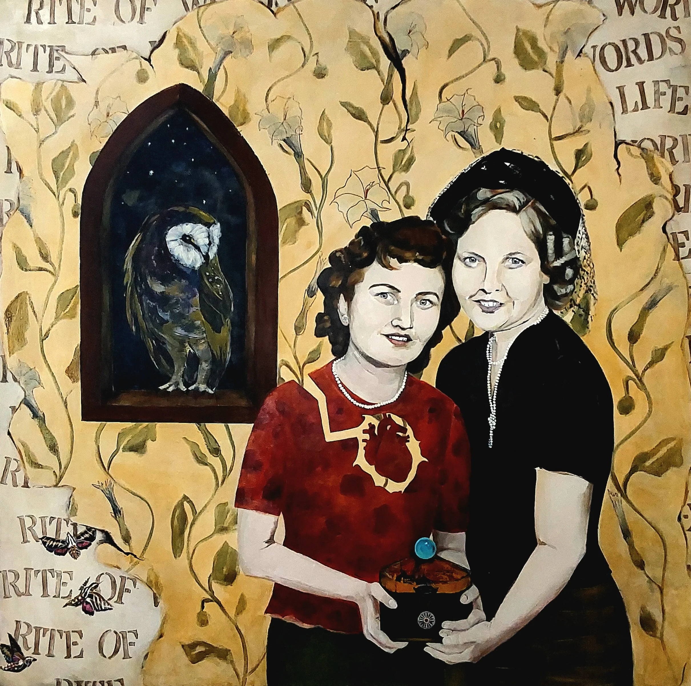 Rite of Words, Rite of Life
Mixed media on cradled panel
48” X 48”
2024
Rite of Words, Rite of Life references the hangmans’ game. Historically, prisoners were given the rite to play a word game and avoid the noose. In this story wrong words led to