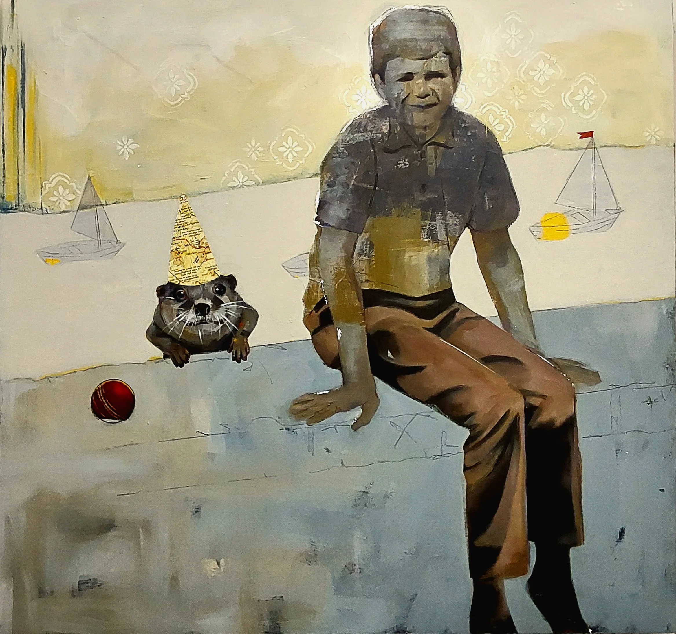 A liminal time
Mixed media on canvas
34” X 32”
2024
The boy sits on the precipice of adolescence. A time when childhood things are left behind and there are so many new hurdles to navigate. He is uncertain, as he waits for what's to come. The boats