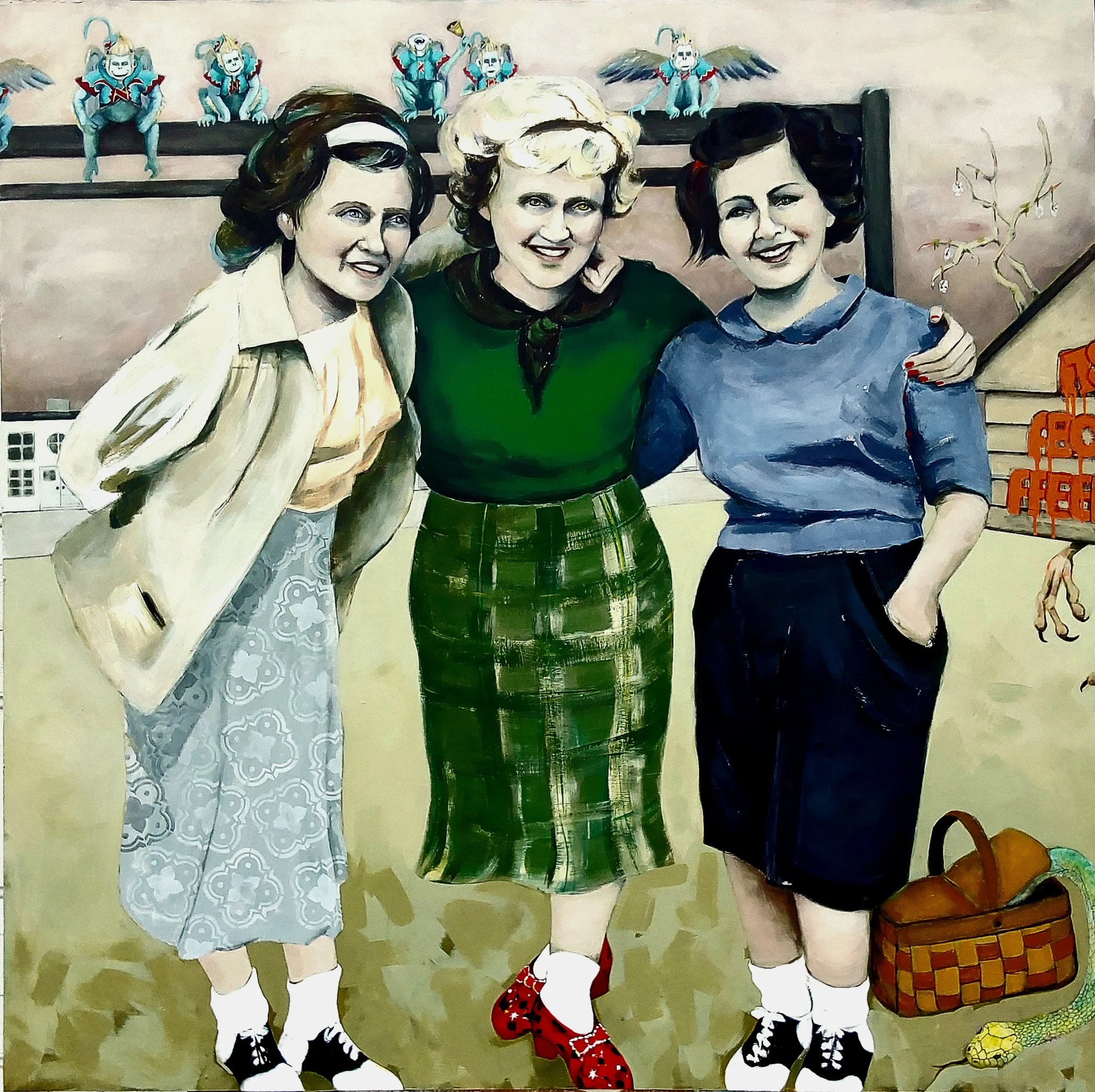 Click your heels three times
Mixed media on cradled panel
48” X 48”
2024
My mom and her two friends are shown here on school grounds, before the shit that was to come. I give her those ruby slippers to give her an escape route, for when she is ready