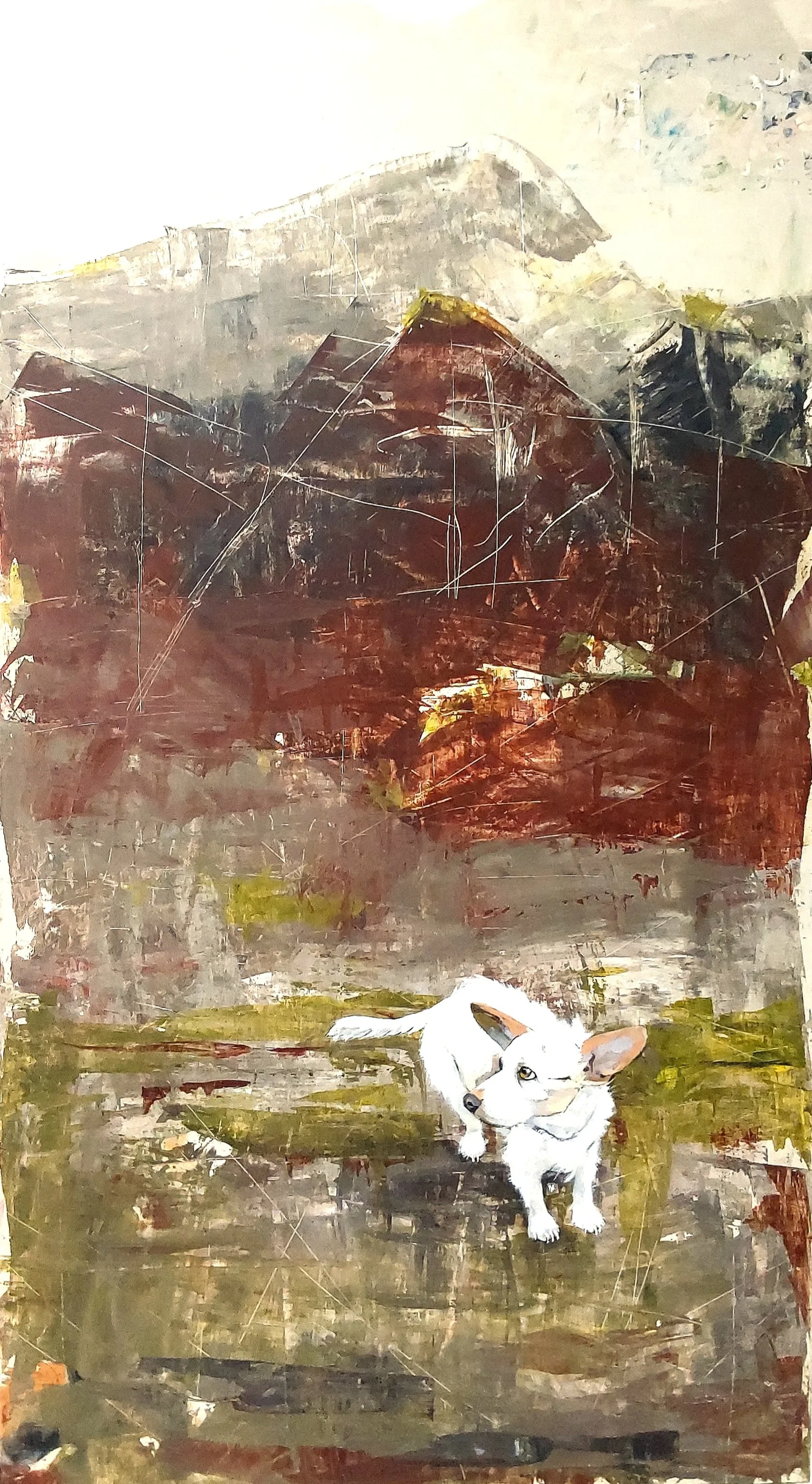 Small White god
Mixed media on panel
67" X 36"
2025
Although I took the photograph of this small white dog last year, it wasn't until she found her way into this vast landscape that I started to understand what I found so compelling about her in the