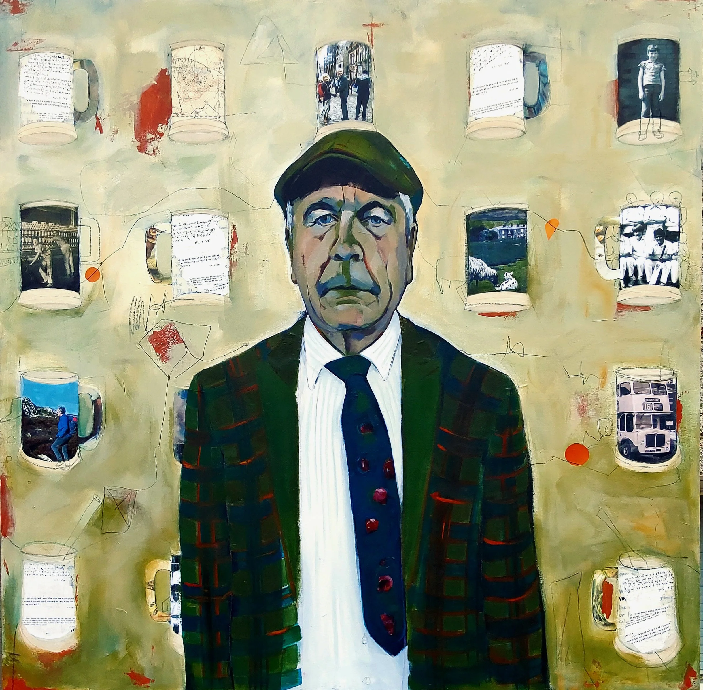 Northern Stock
Mixed media on canvas
48” X 48”
2024
We are a product of our experiences and culture. In this case his mugs, joined with marks and literally connecting the dots (mugs) are telling his story. Being far from home, having immigrated to a