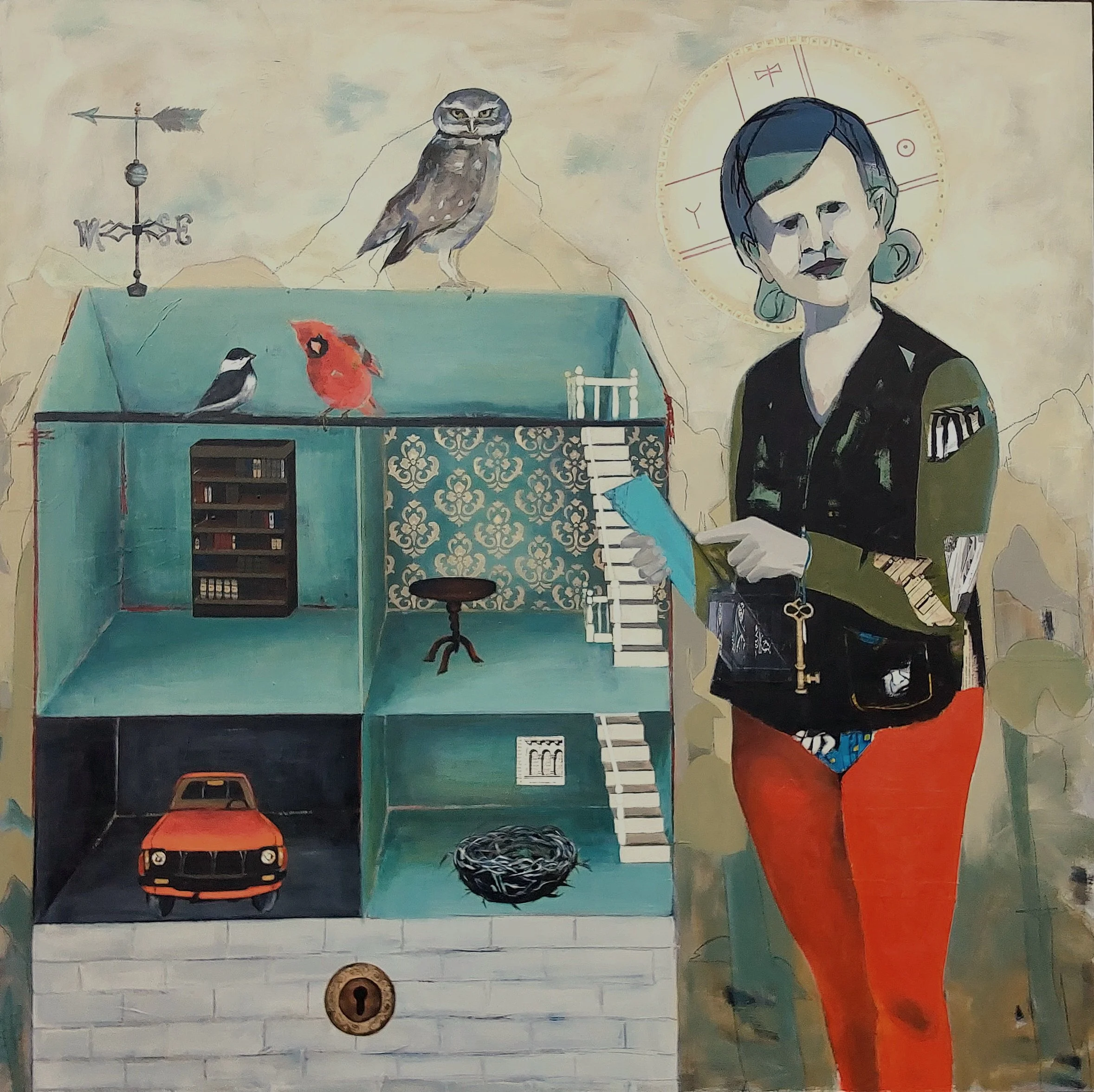 Santa Anna, She's the key holder
Mixed media on cradled panel
48” x 48”
2024
Santa Anna is the visual representation of a dream I had when undergoing Jungian therapy. All the creatures, and Santa Anna herself, represent different parts of me. Santa