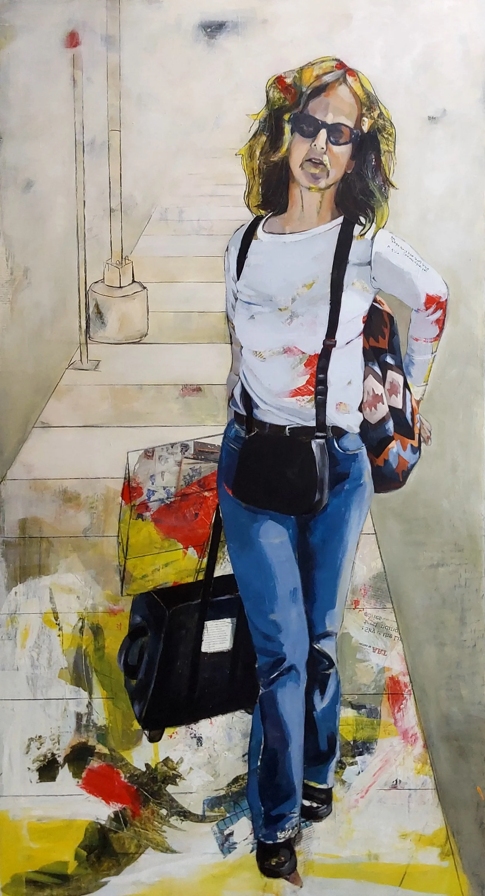 Forty Reasons
Mixed media on cradled panel
67" X 36"
2025
There are forty reasons, at the minimum, why I left my husband. Here you witness the leaving, baggage in tow and shouldered. Walking away from a life that felt anaesthetized, like death (white
