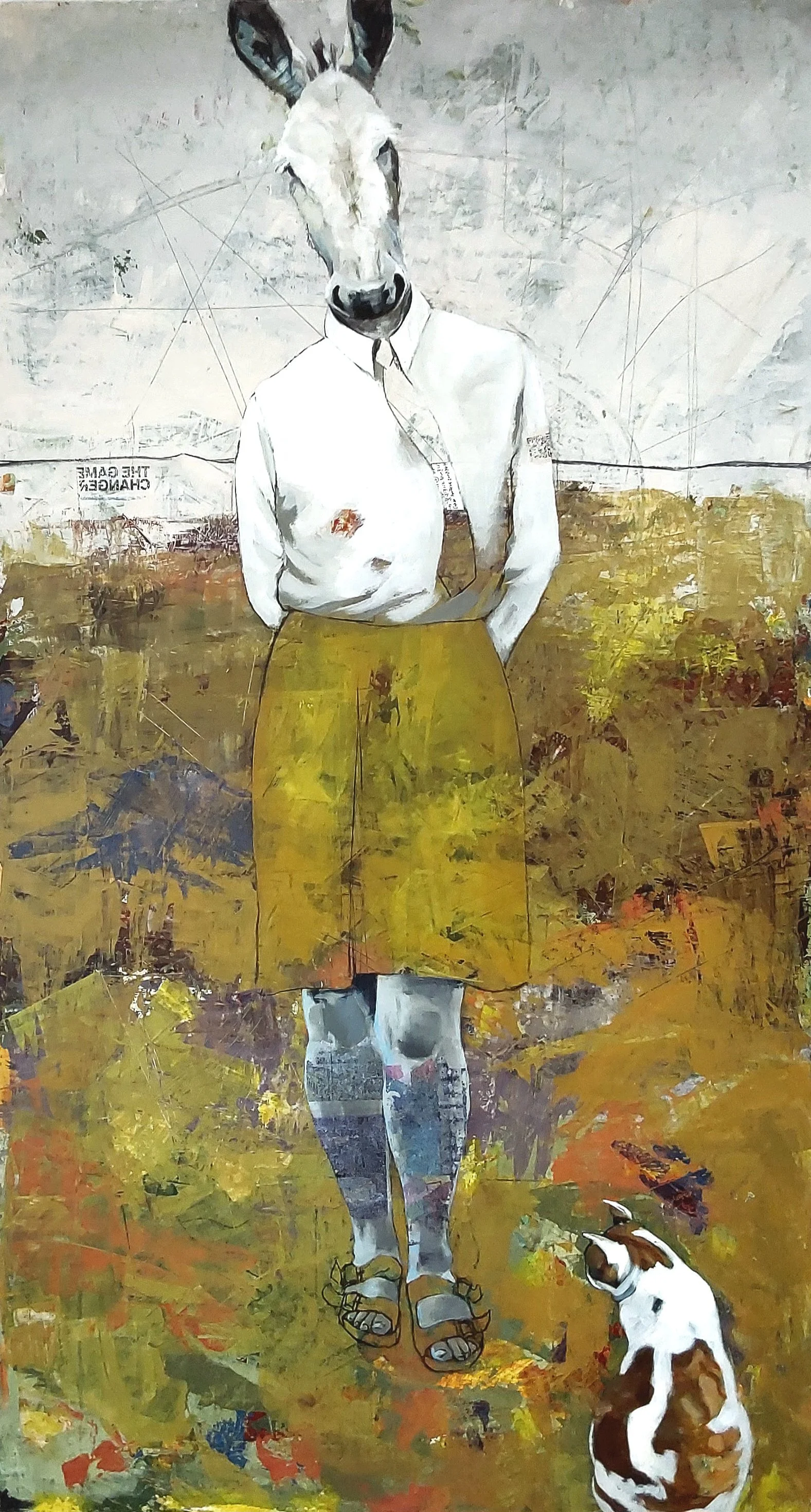 gods in the meadow
Mixed media on panel
67" X 36"
2025
Initially I thought the precious cat was to be god, but then I realized both figures are god and they are gods in the meadow. I was drawn to the luminescence of the cat holding space and looking