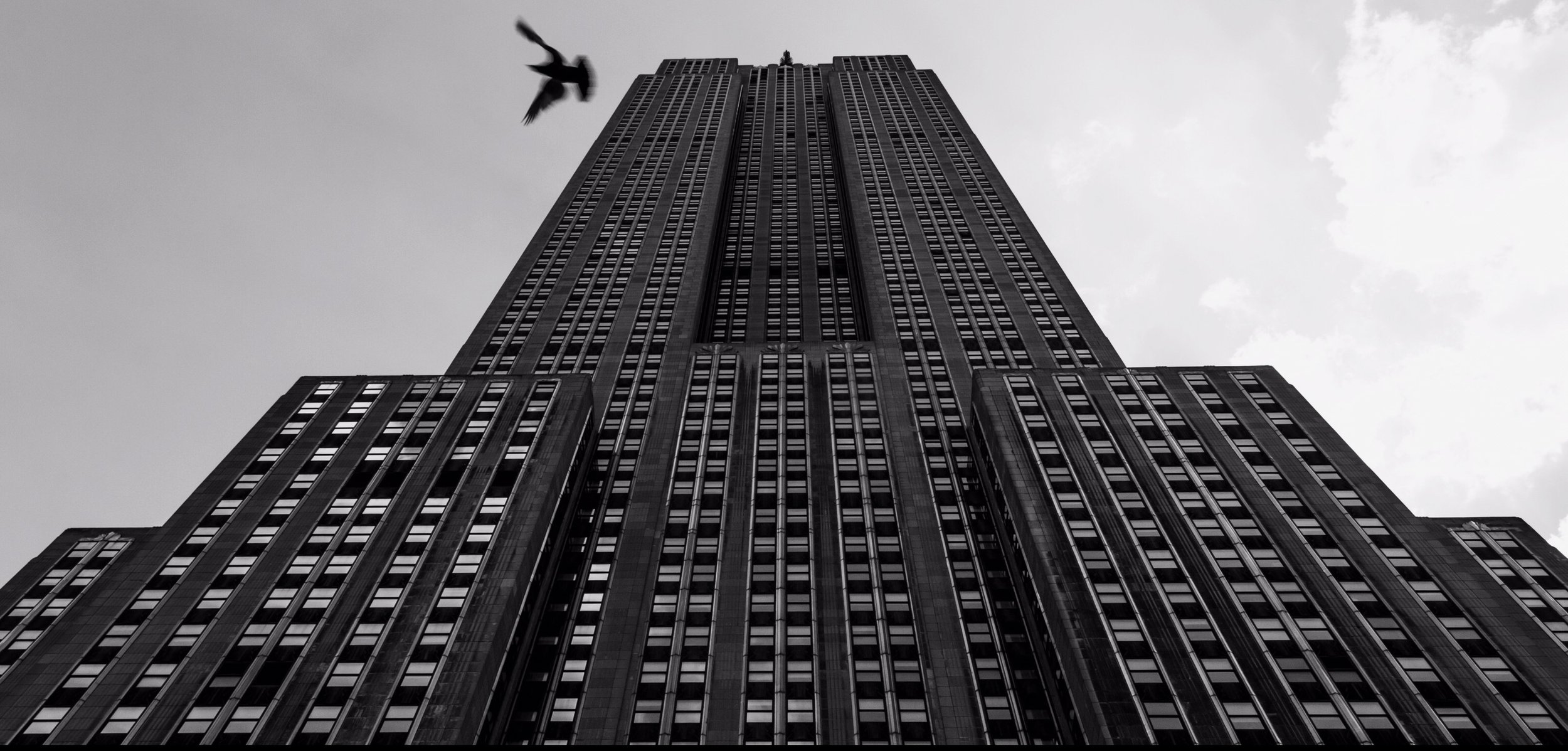 Black and white photo of a tall skyscraper with a bird flying in front of it against a cloudy sky.