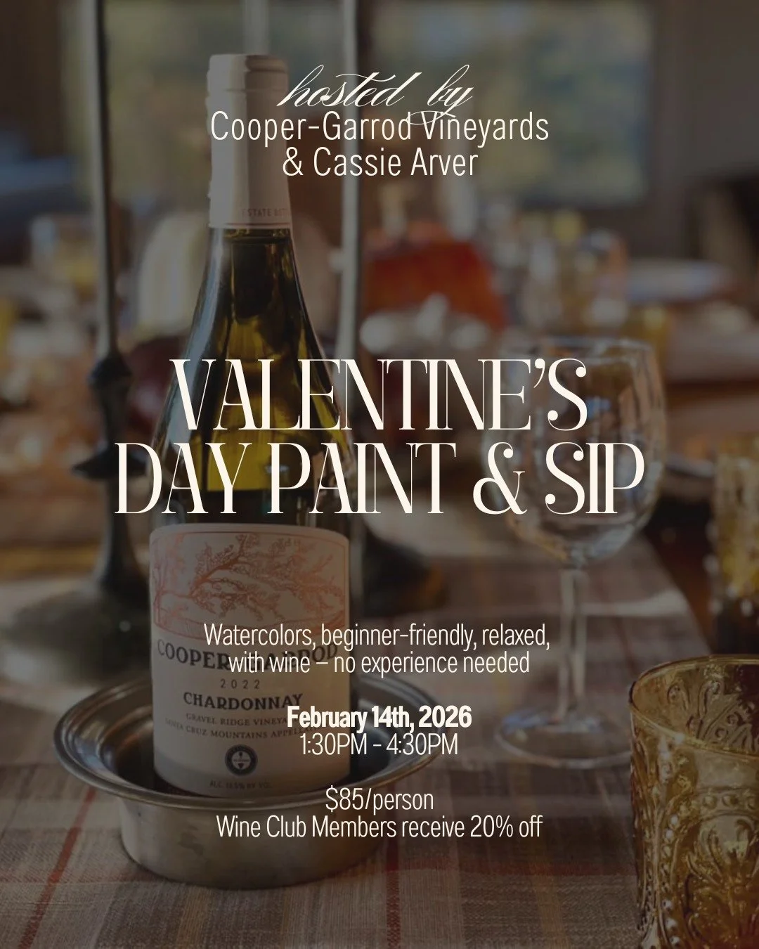Join us! Details below: 

💕 Valentine&rsquo;s Day Watercolor Paint &amp; Sip 💕
📍 Cooper-Garrod Vineyards 
🗓️ February 14th, 2026 
🕒 1:30PM &ndash; 4:30PM 

Sip wine, slow down, and enjoy a relaxed, beginner-friendly watercolor painting experienc