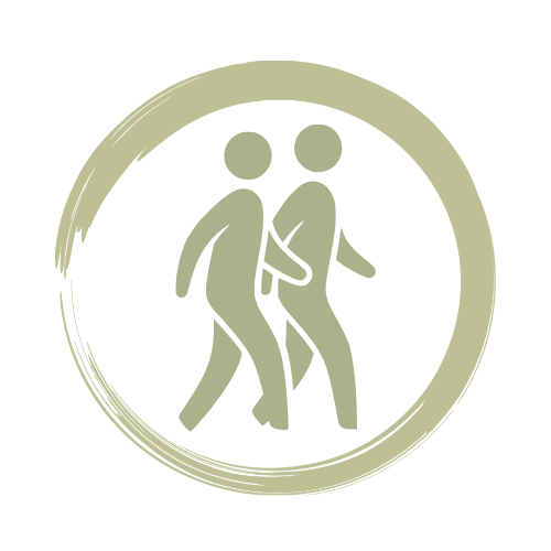 Graphic of two stylized walking figures inside a circular brushstroke design.