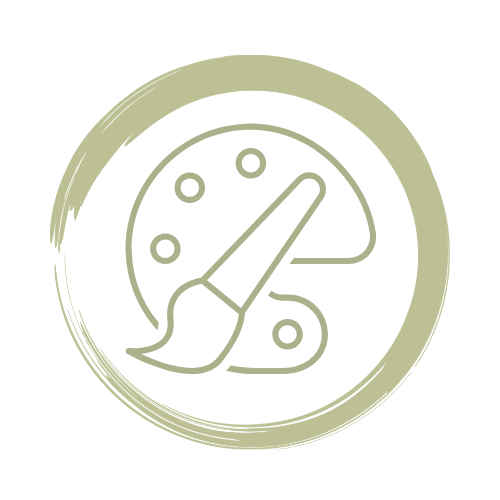A graphic of a paint palette with a paintbrush on it, within a circular brushstroke outline.