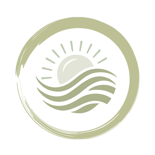 Sunset over ocean waves with a circular border.